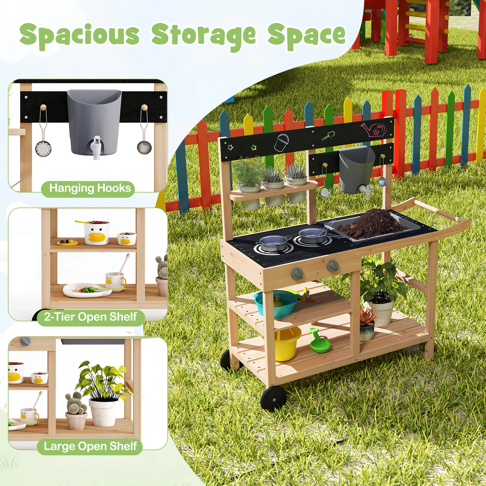 SUGIFT Natural Blackboard Planting Pots and Wheels Outdoor Kids Fir Wood Play Kitchen