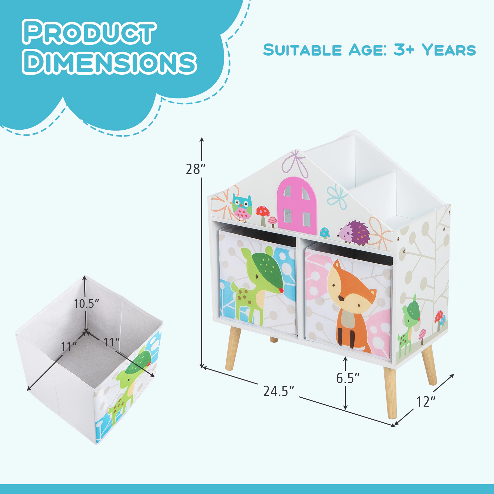 Hivvago Kids House-Shaped Bookshelf With 2 Storage Bins