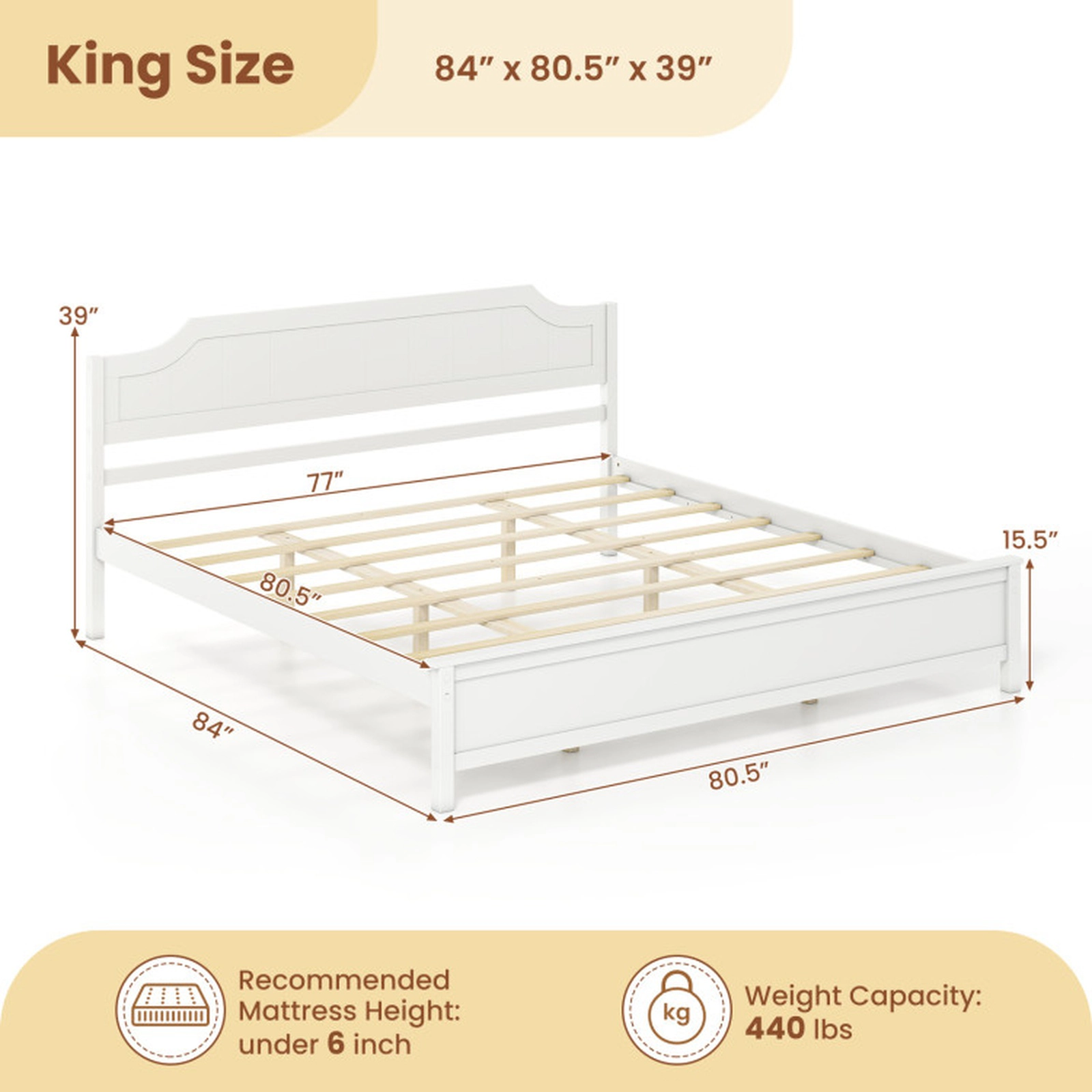 SUGIFT King Size 440-lb Capacity White Solid Wood Platform Bed Frame with Headboard and 8 Plywood Slats