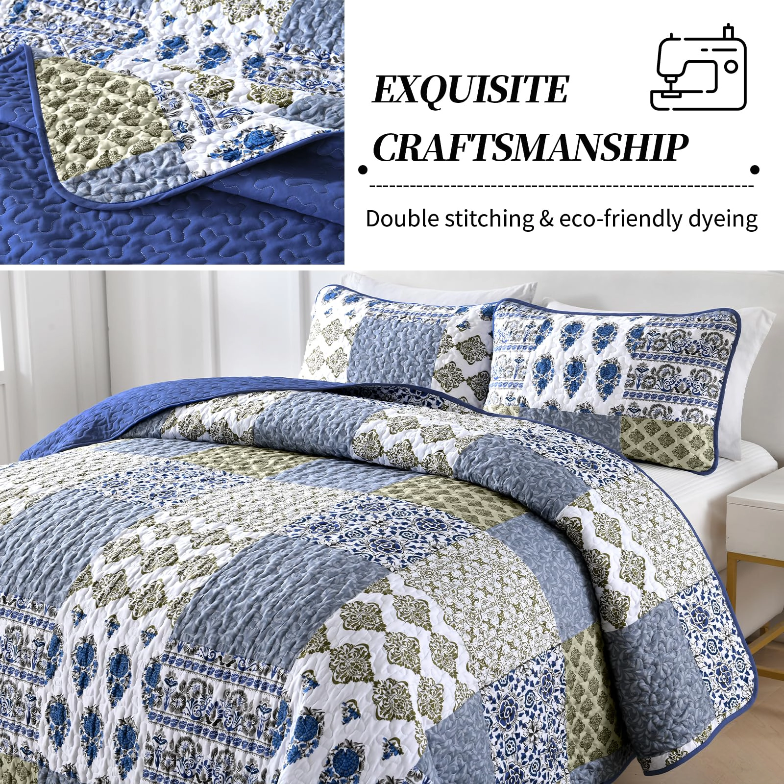 PUPWE Boho Quilt King  Patchwork Bedding Set Black Grey