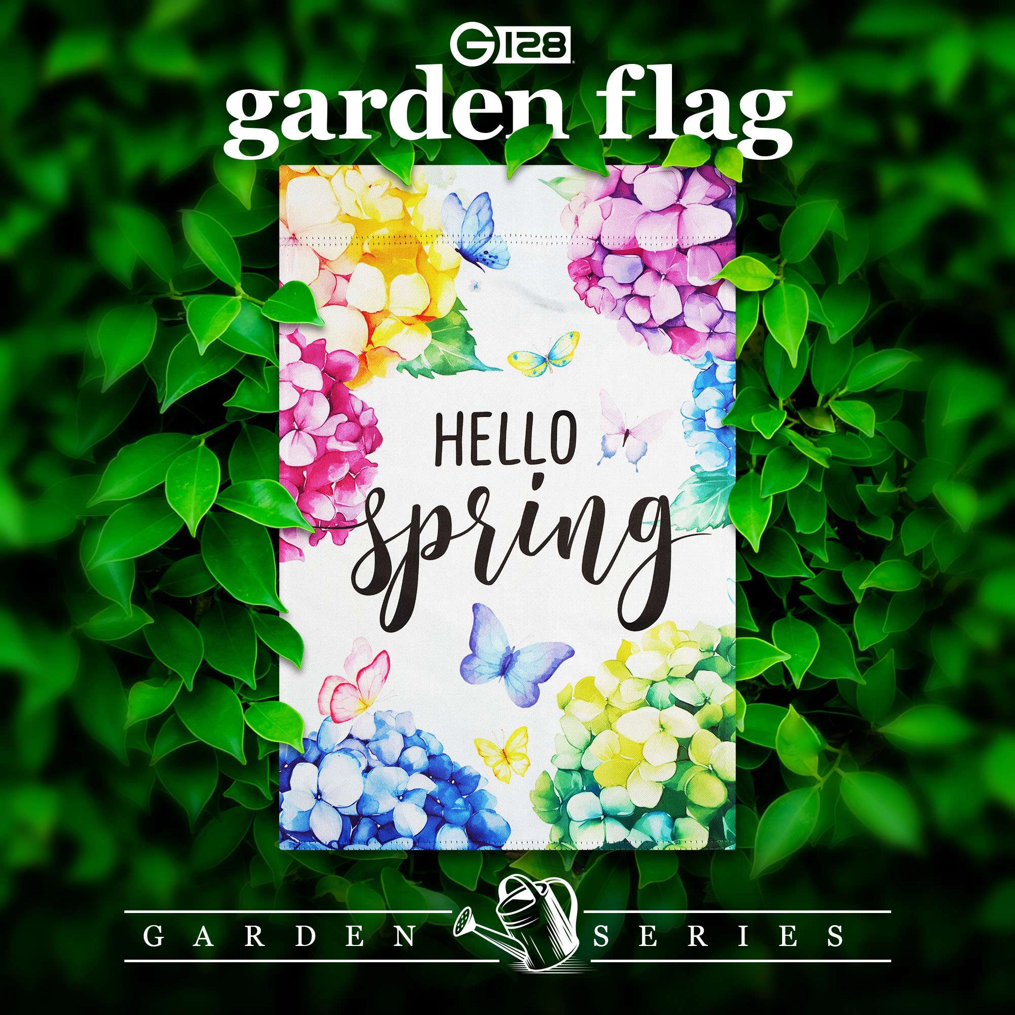 G128 Hello Spring Hydrangea Butterfly Garden Flag 12x18 Double-Sided Polyester