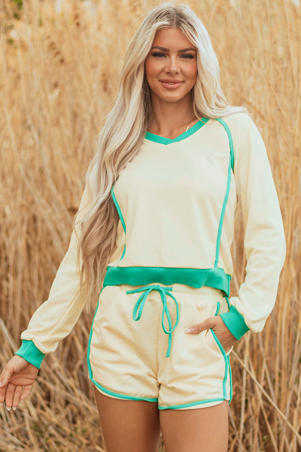 Threaded Pear Women's Wren Long Sleeve Pullover and Drawstring Shorts Outfit