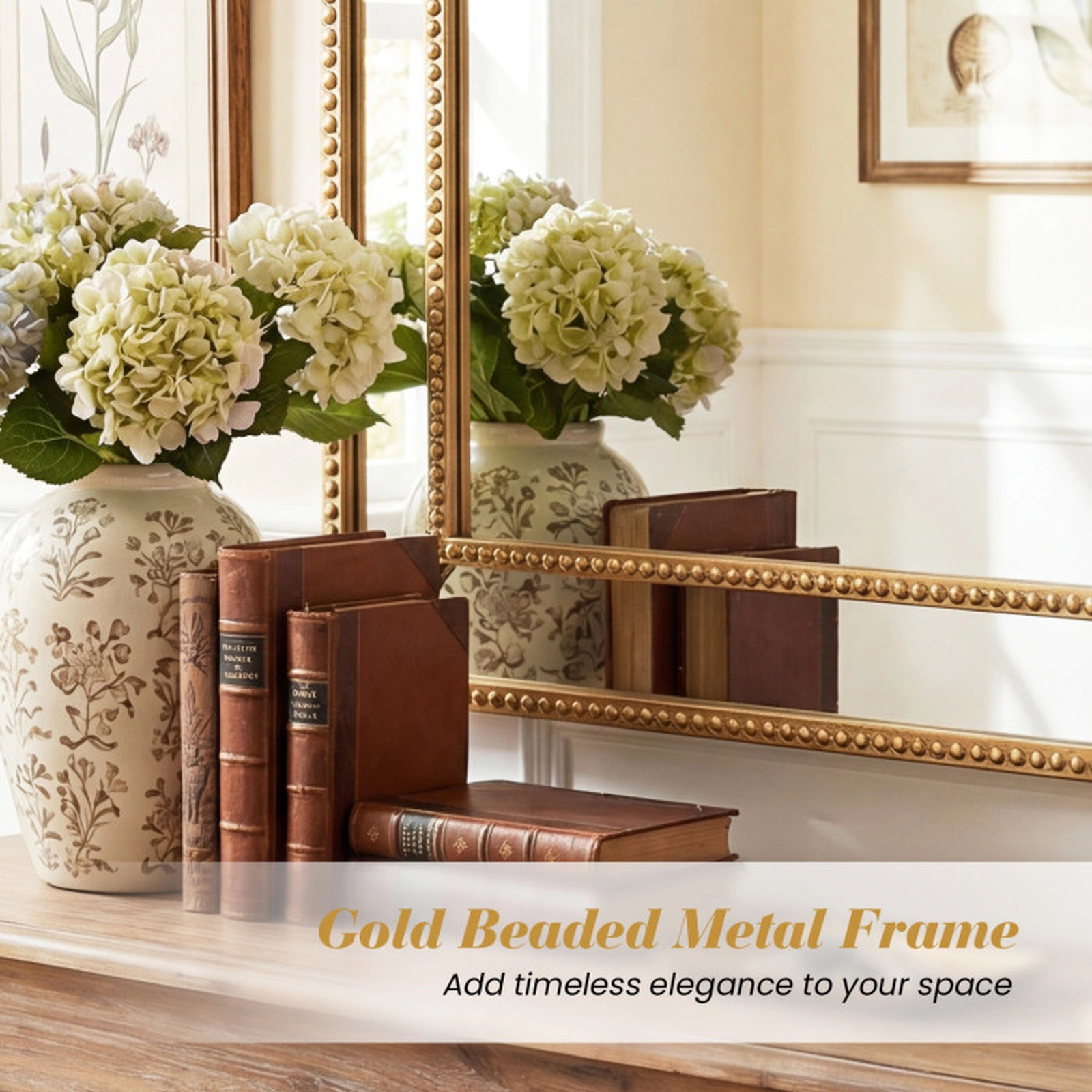 SUGIFT 36 x 24 in Decorative Wall Mirror with Gold Beaded Metal Frame MDF Backing and Wall-Mounting Hardware Gold