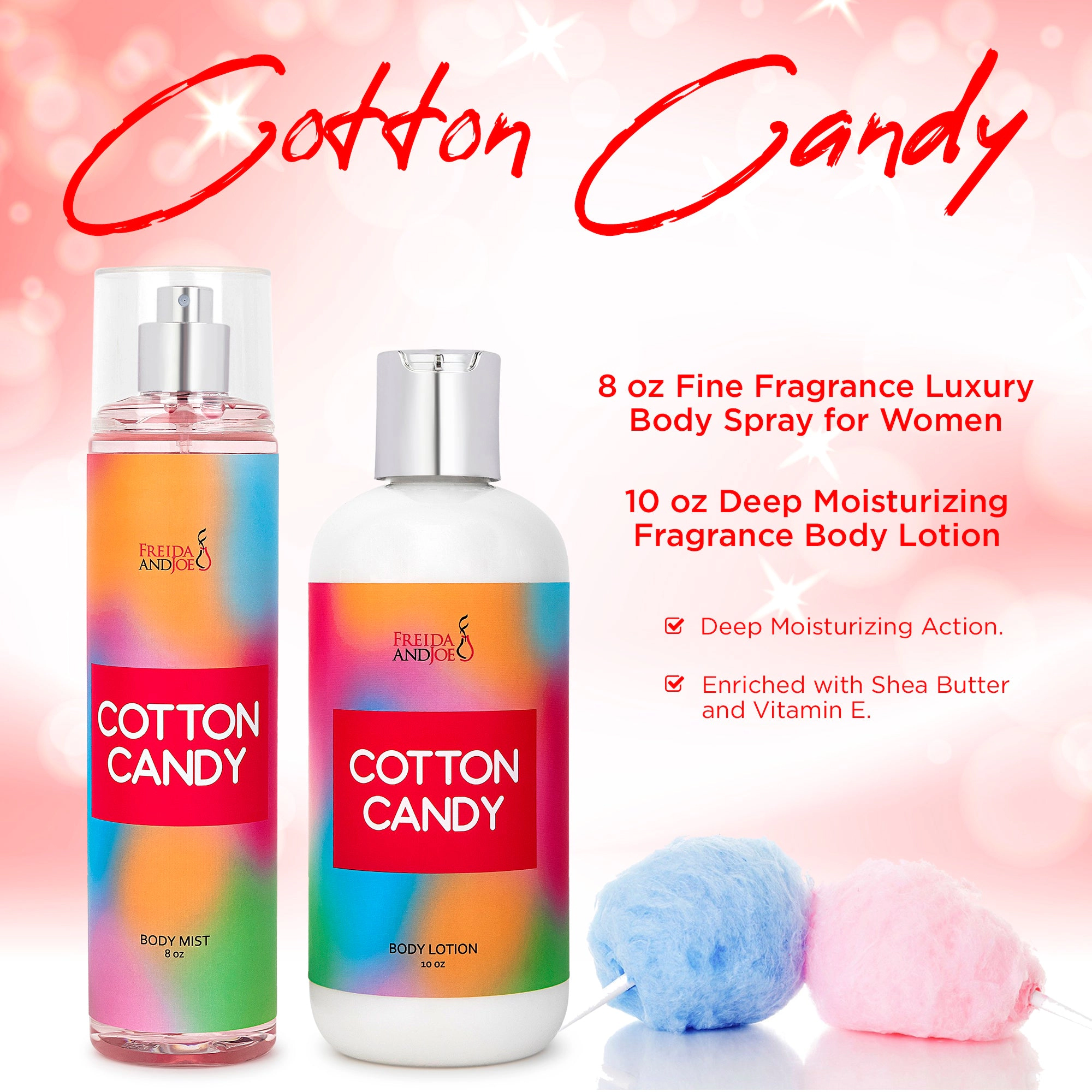 Freida and Joe Womens Cotton Candy 10oz Deep Moisturizing Fragrance Body Lotion & 8 oz.