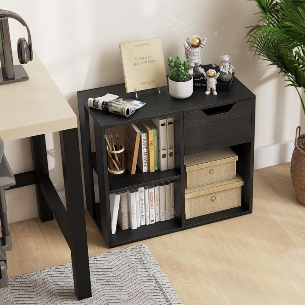 Hivvago 3-Cube Bookcase 2-tier Wooden Storage Shelf with Pull-out Drawer