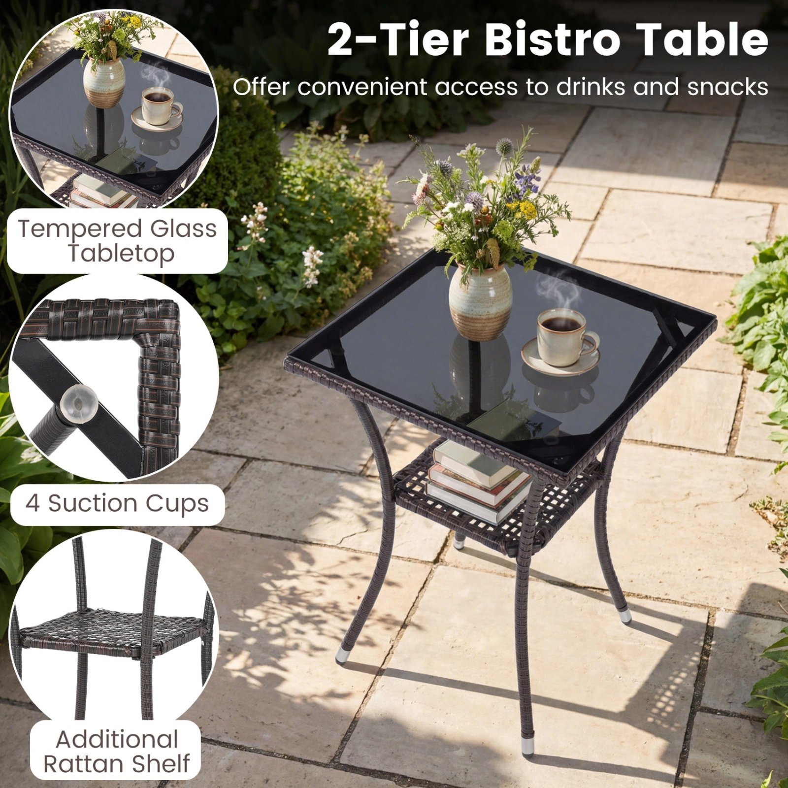 SUGIFT 3-Piece PE Rattan Patio Conversation Set with Cushioned Chairs & Tempered Glass Table 400-lb Chair Capacity Brown