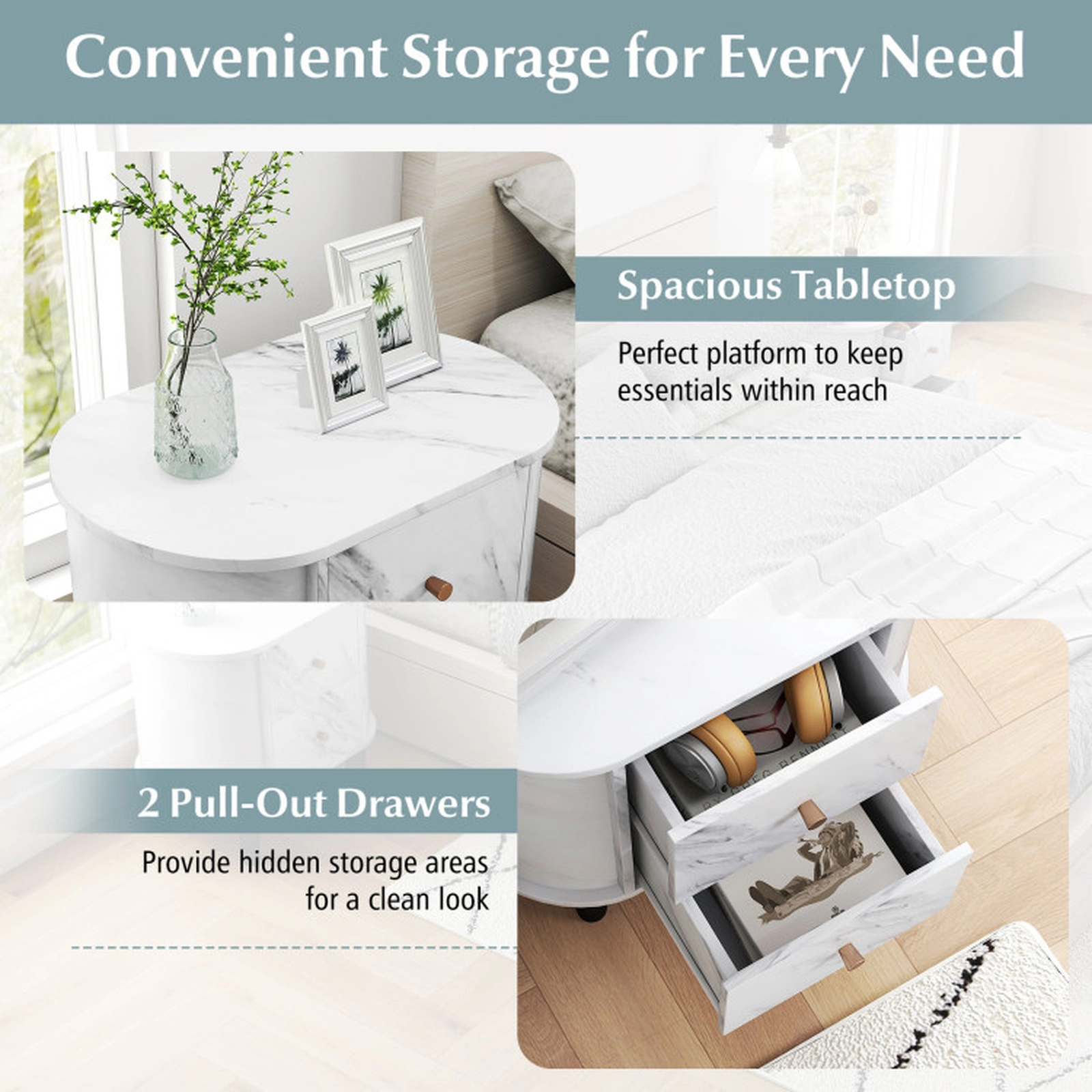 SUGIFT Modern Faux Marble 2-Drawer Nightstand Bedside Table 44-lb Tabletop Capacity 23.5 x 16 x 22 in White