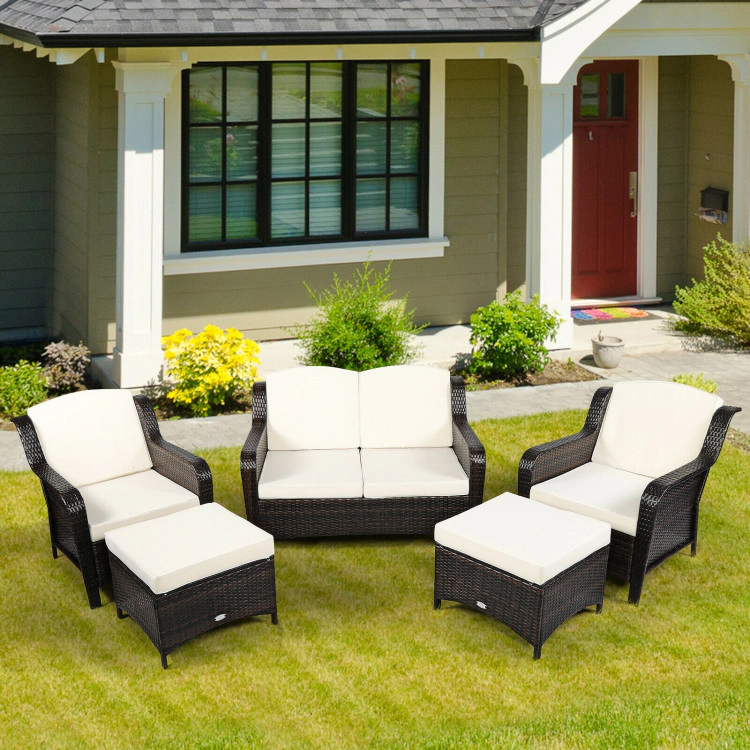 Hivvago 5 Pieces Patio Rattan Sofa Set With Cushion And Ottoman-Off White