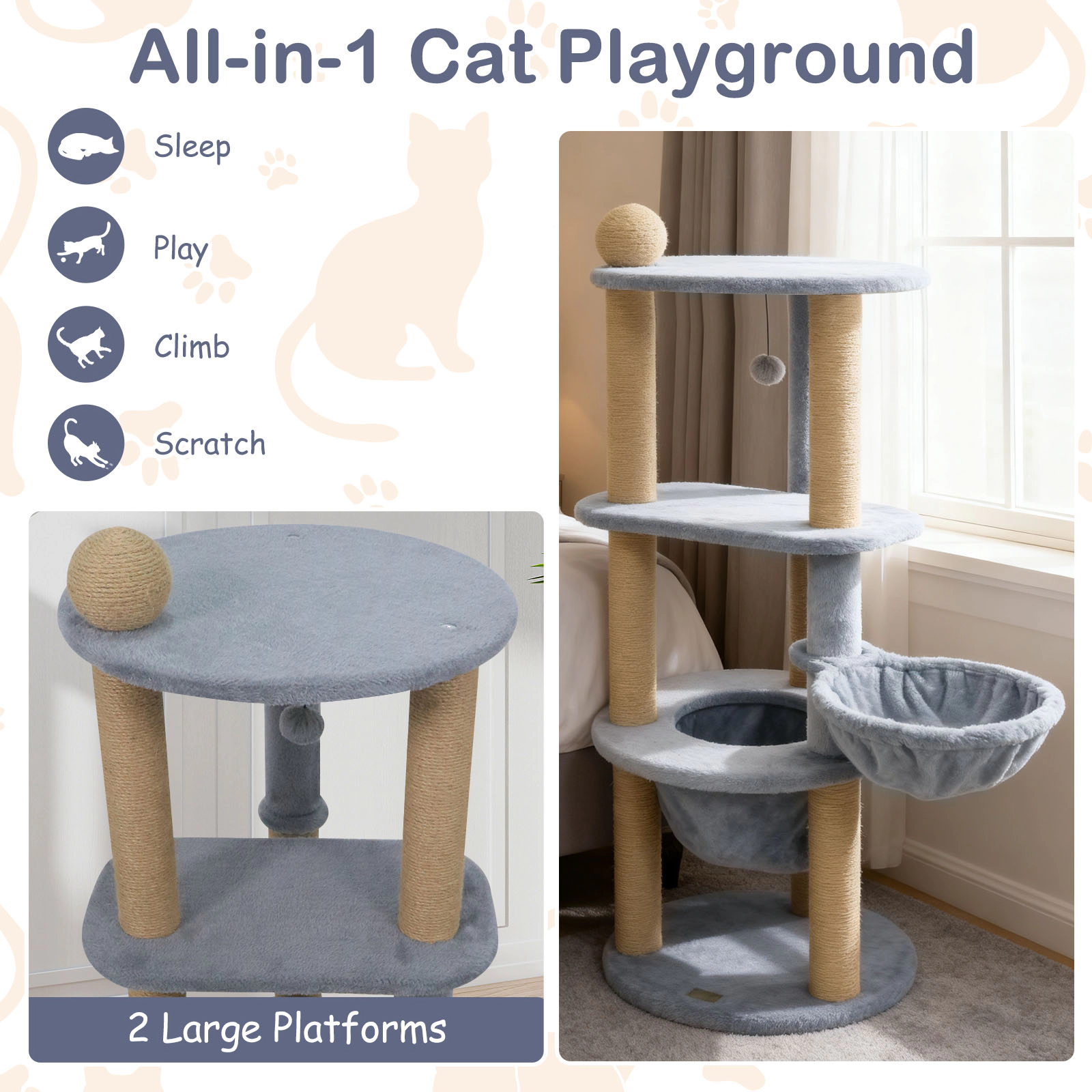 Glintex 47-Inch Cat Tower with Cat Nest Basket and Top Scratching Ball, Gray