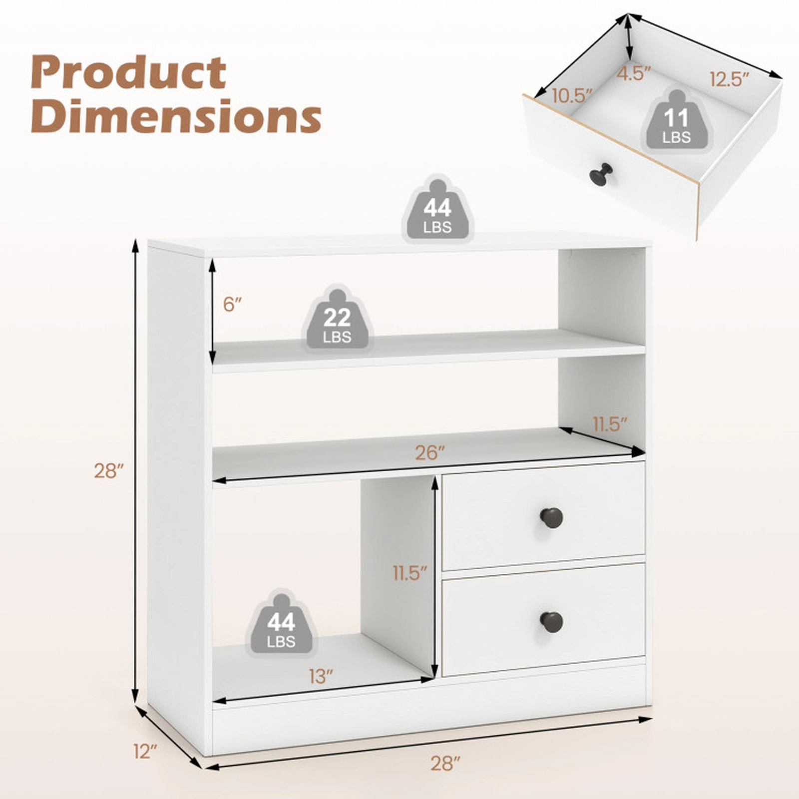 SUGIFT Open Storage Cabinet with 3 Open Compartments and 2 Drawers Accent Table 44-lb Countertop Capacity White Black