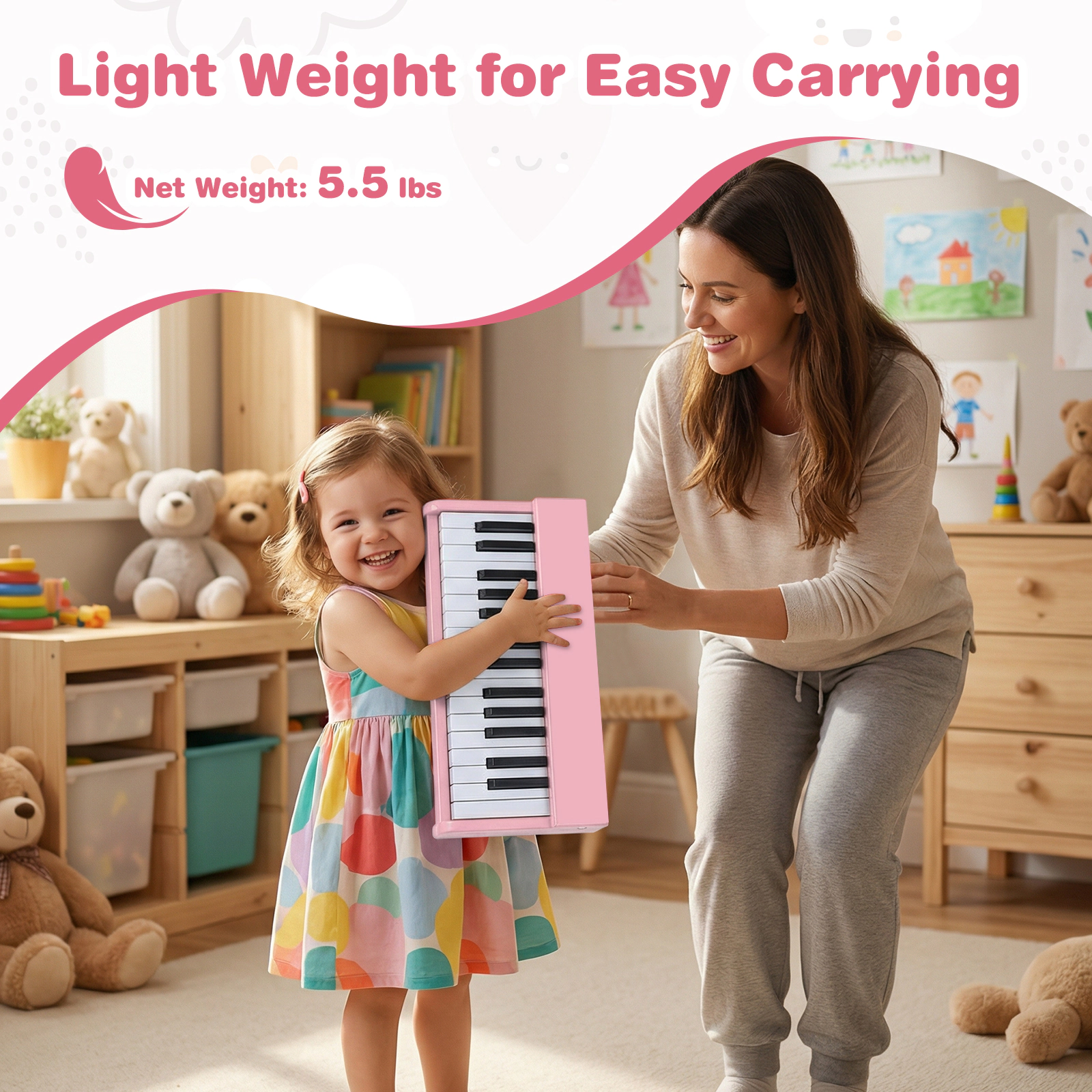 SUGIFT Pink 30-Key Kids Digital Piano Keyboard with Resonance Hole One-Key Start and Music Stand