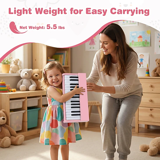 SUGIFT Pink 30-Key Kids Digital Piano Keyboard with Resonance Hole One-Key Start and Music Stand