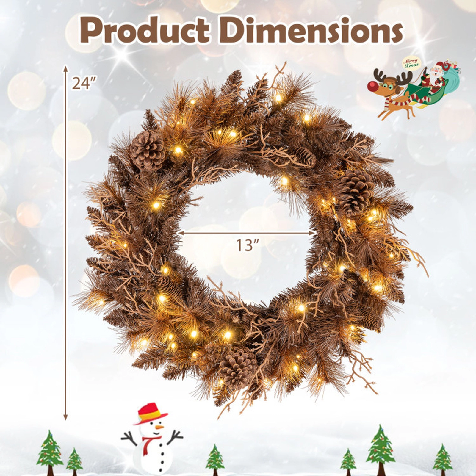 SUGIFT Brown 24-in Pre-Lit Christmas Wreath with 35 Warm White LED Lights 105 Branch Tips and 6 Pine Cones