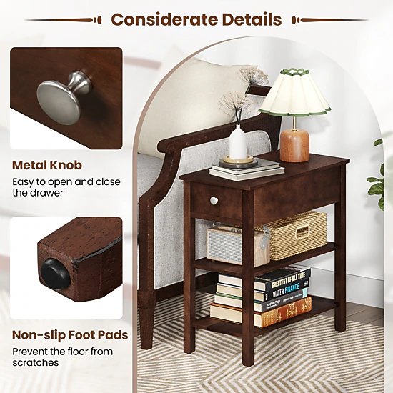 LJG 3-Tier Narrow End Table with Drawer and Storage Shelves