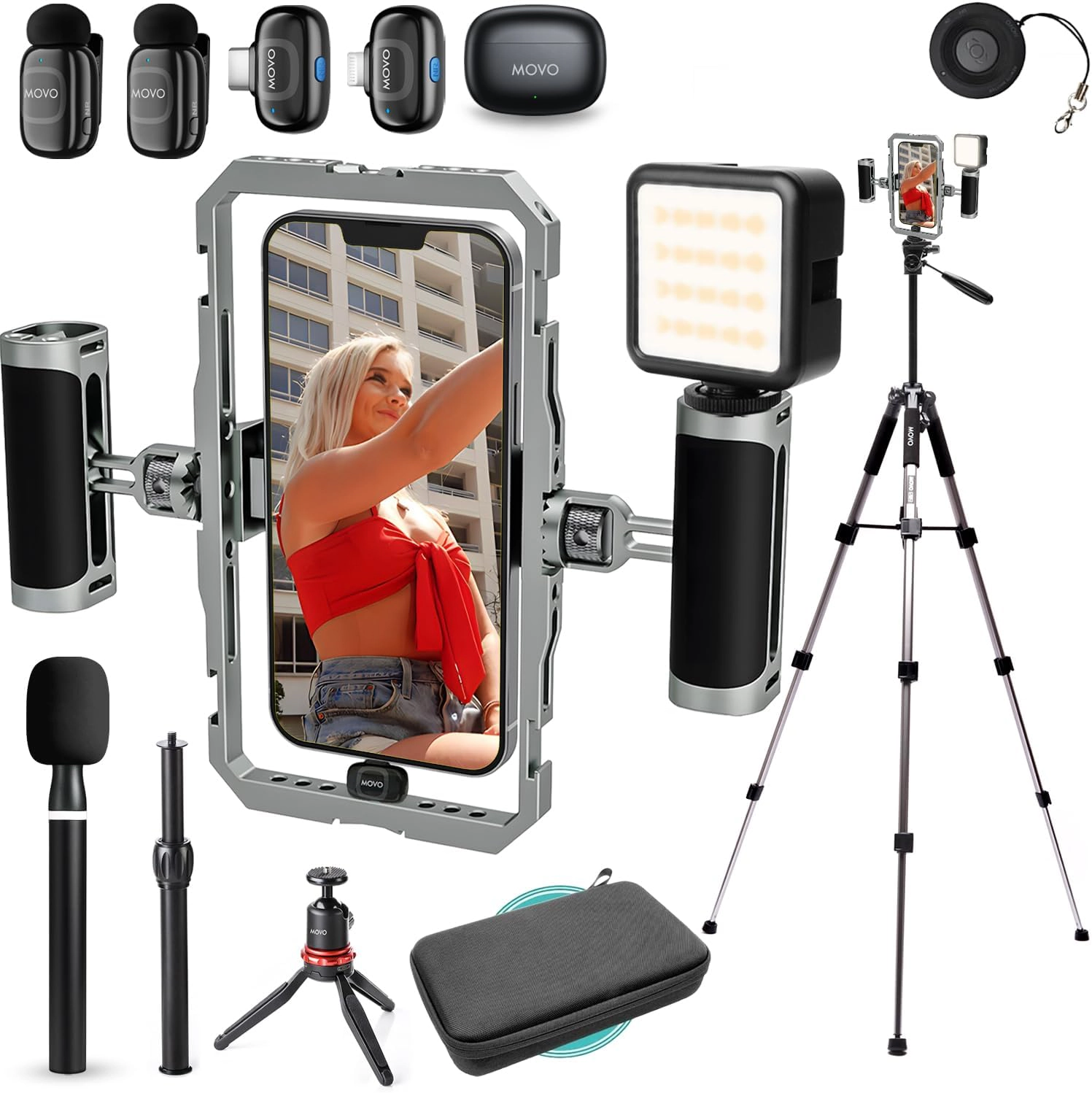 Movo iFilmer PRO Smartphone Rig with Dual Grip Cage Wireless Lavalier Mics and Full Size Tripod for iPhone and Android