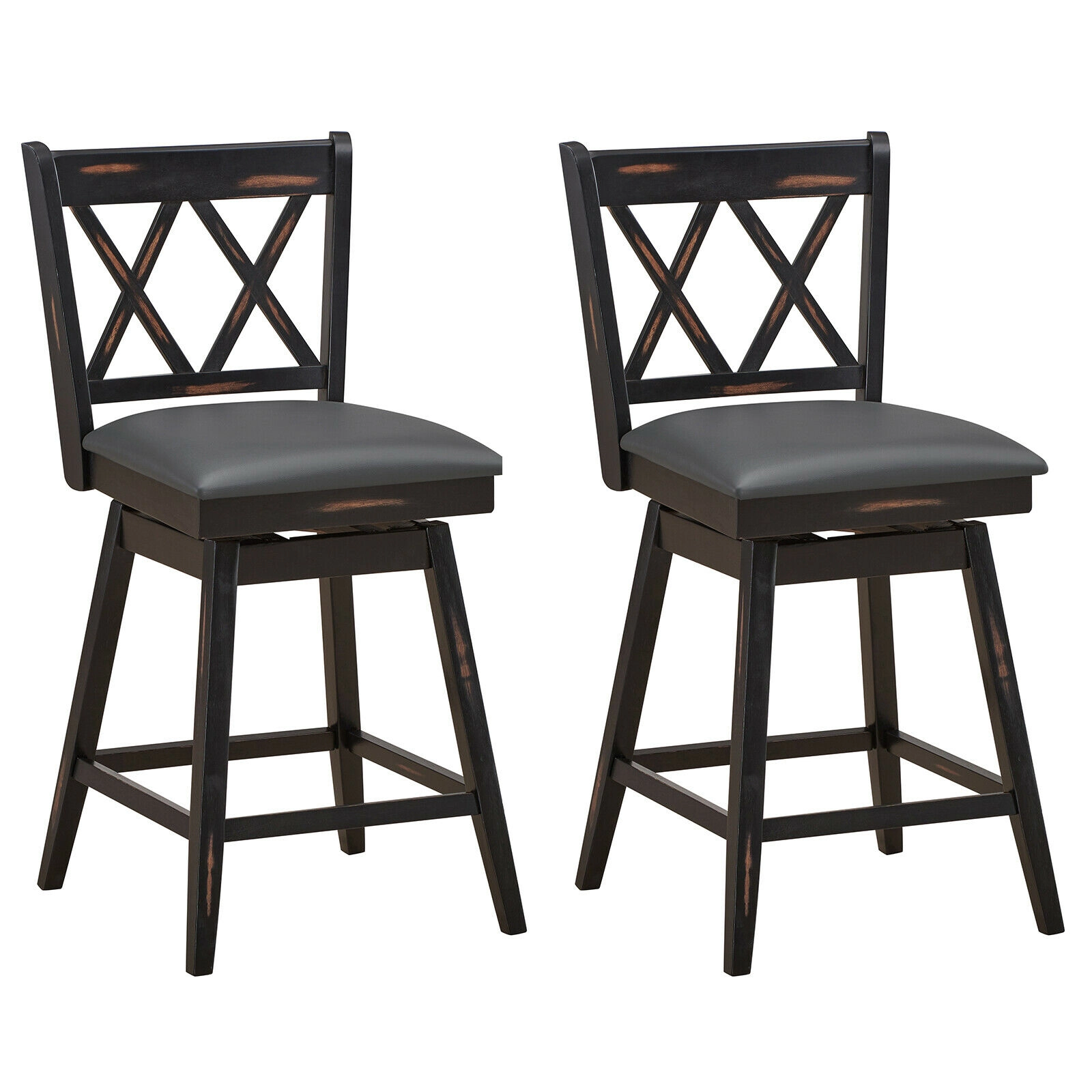 SUGIFT Black Rubber Wood Legs 2 Piece 24 Inch Swivel Counter Height Bar Stool Set