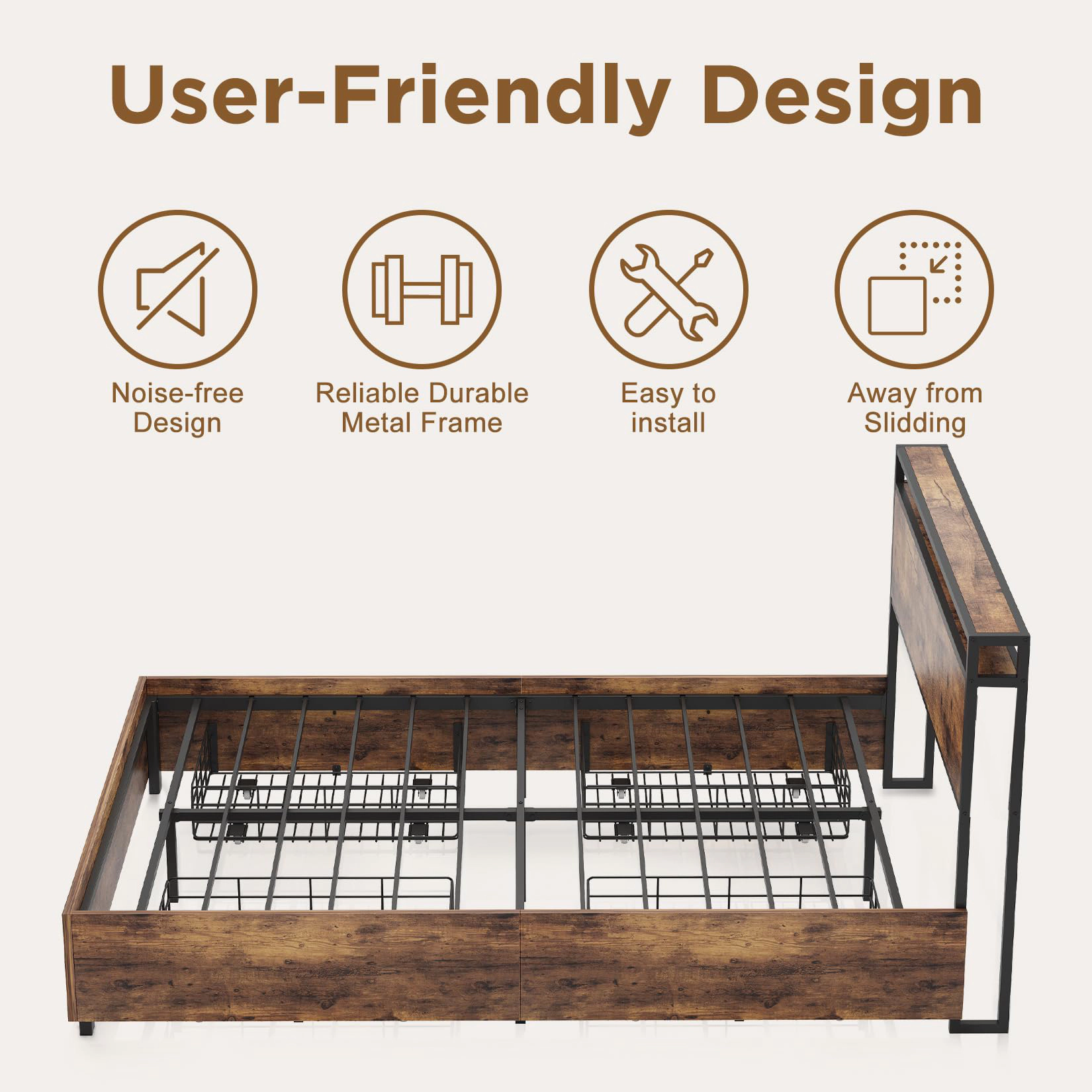 Flynama Full Bed Frame with Storage Headboard & Charging Station, Noise Free, Easy Assembly