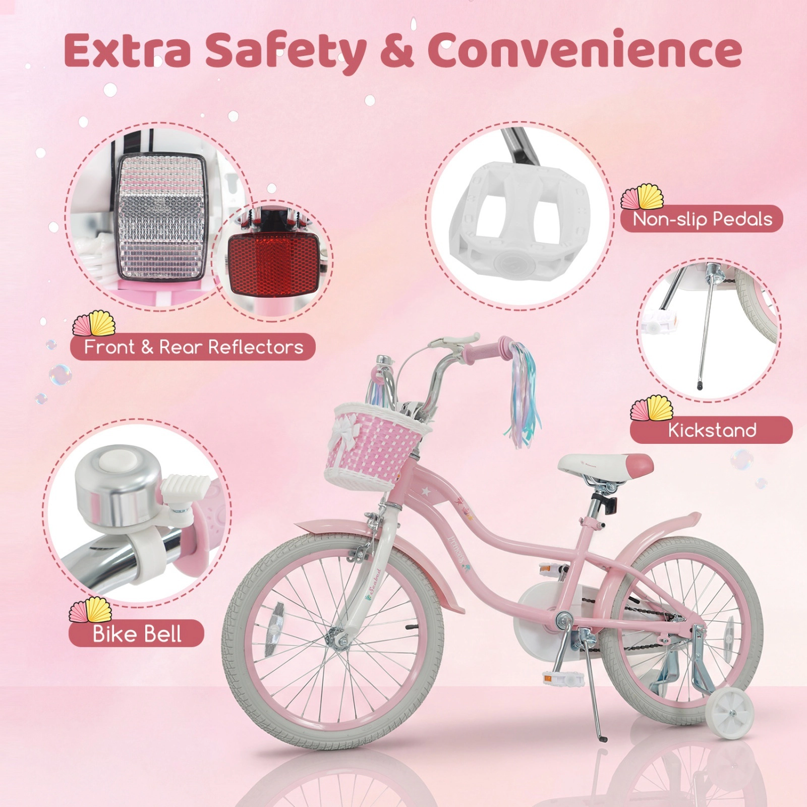 18-in Girls Bike with Removable Training Wheels Kickstand Basket and Streamers for Ages 4-8 Mermaid Graphics Bicycle