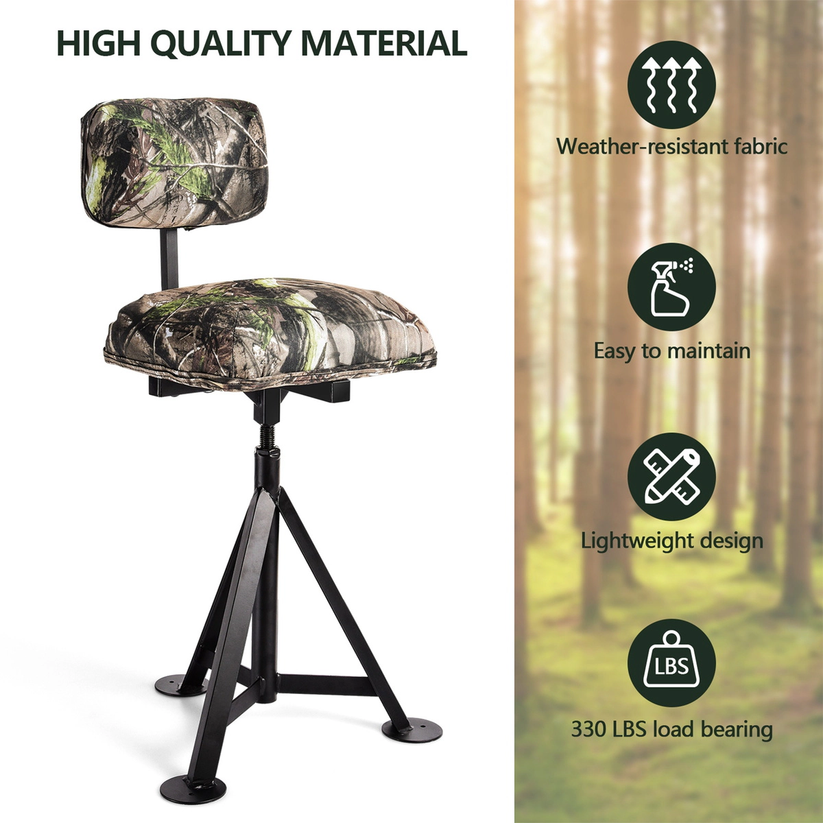 SUGIFT 330-lb Capacity 360-Degree Swivel Tripod Hunting Stool with Detachable Backrest and Adjustable Legs