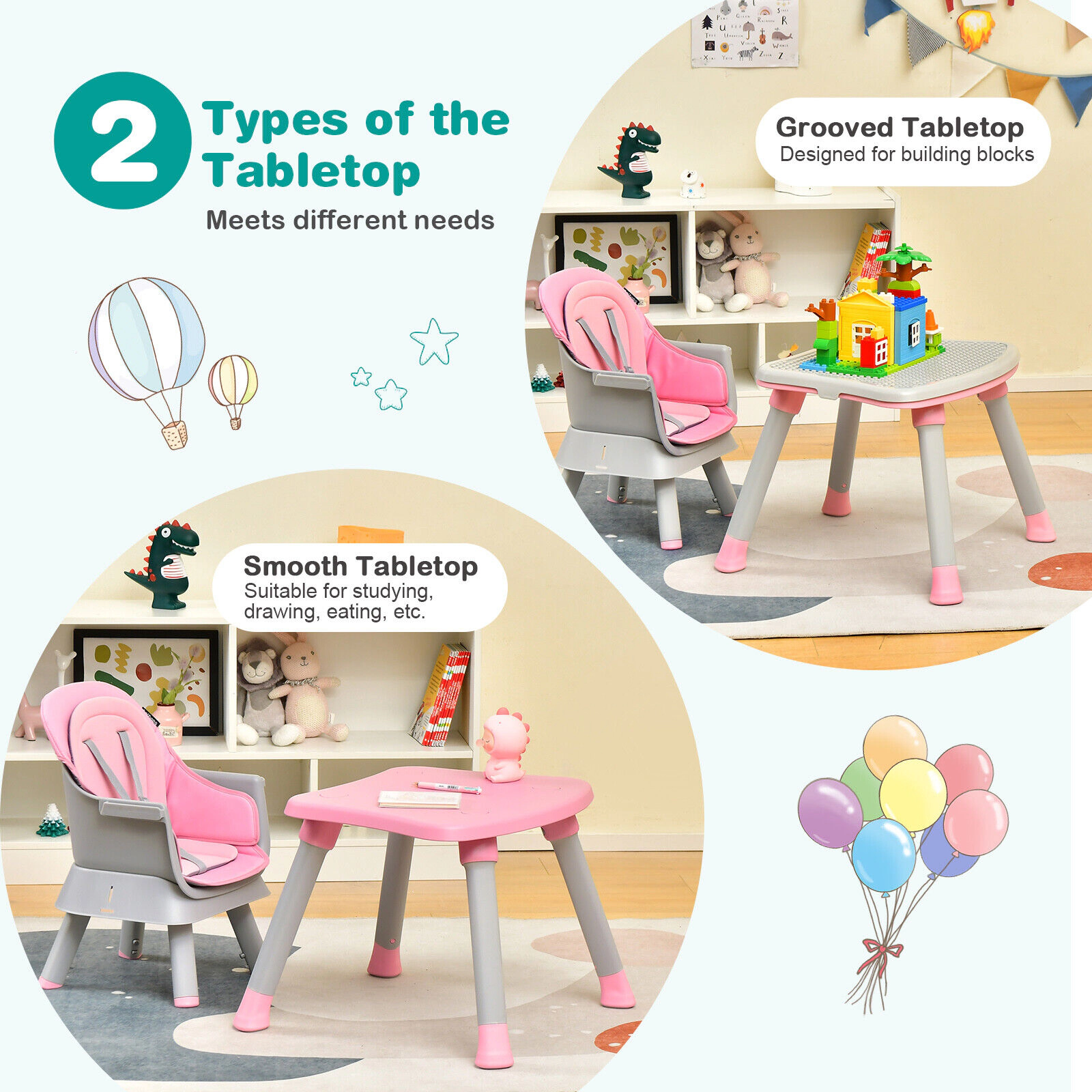 SUGIFT 6-in-1 Convertible Baby High Chair with Adjustable Removable Tray 55-lb Capacity Ages 6-36 Months Pink