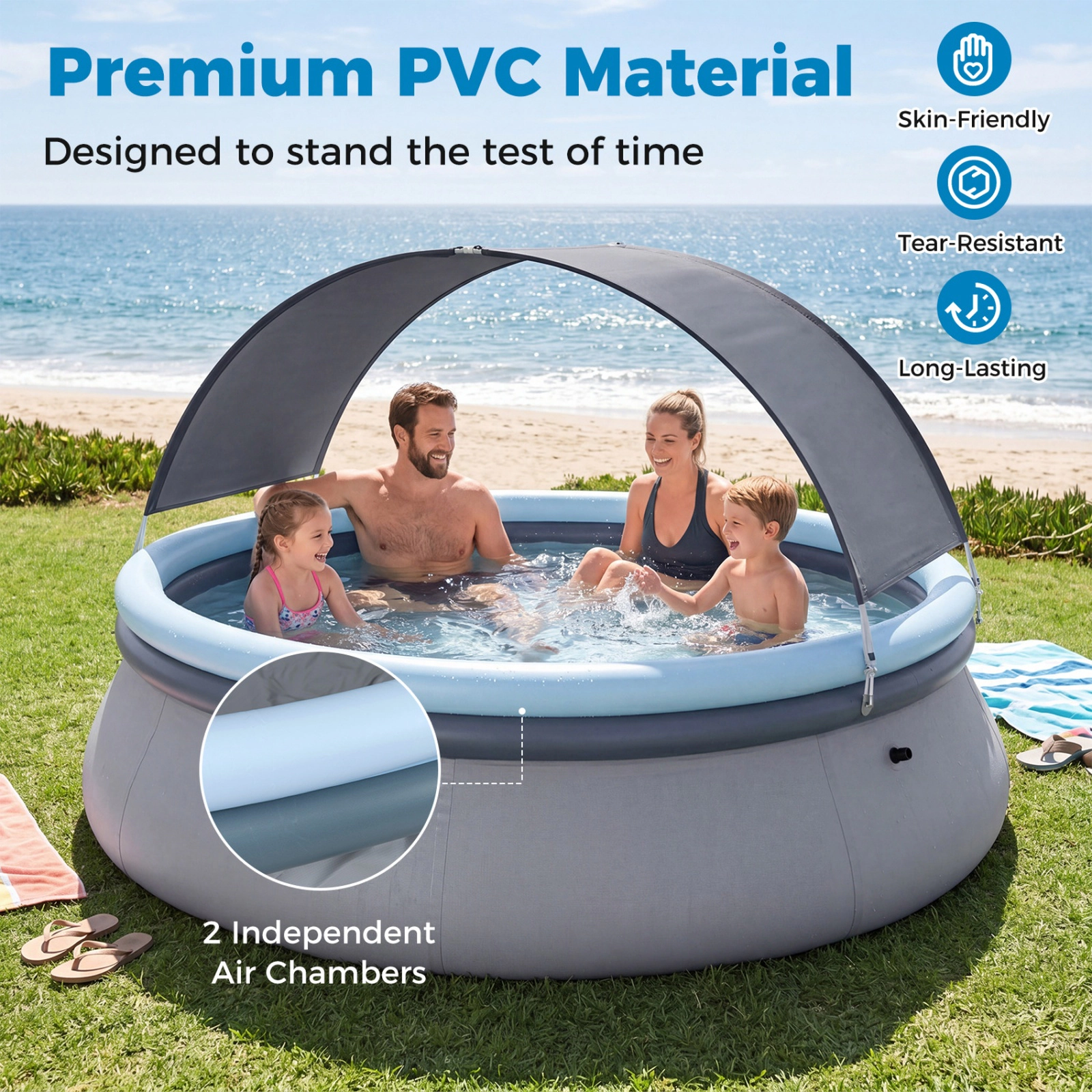 SUGIFT 94.5-in 661-lb Capacity Blue Round Inflatable Above Ground Swimming Pool with UPF 50+ Sunshade Canopy