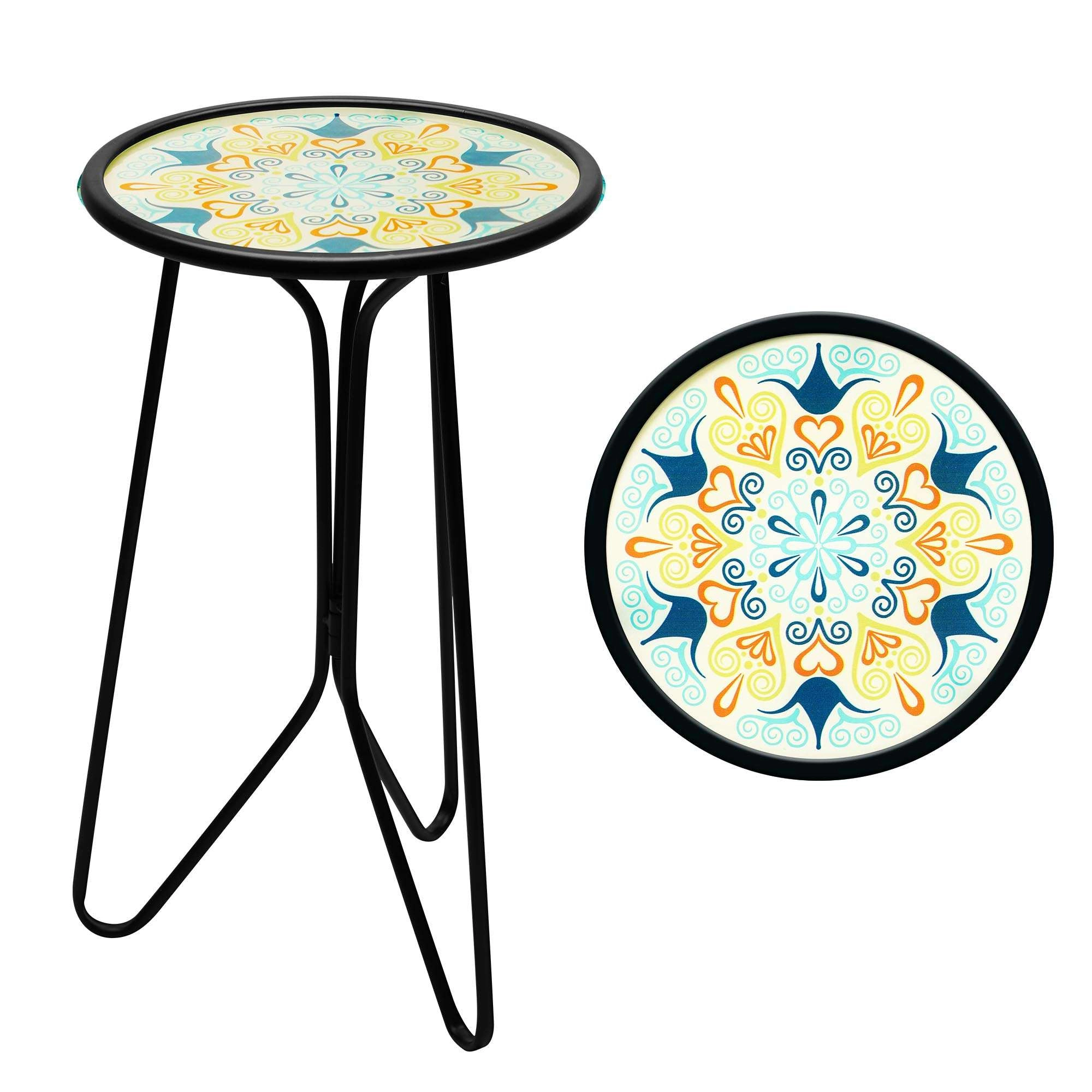 G128 12 in Round Glass Outdoor Side Table Green Mandala Pattern, Foldable Metal Plant Stand
