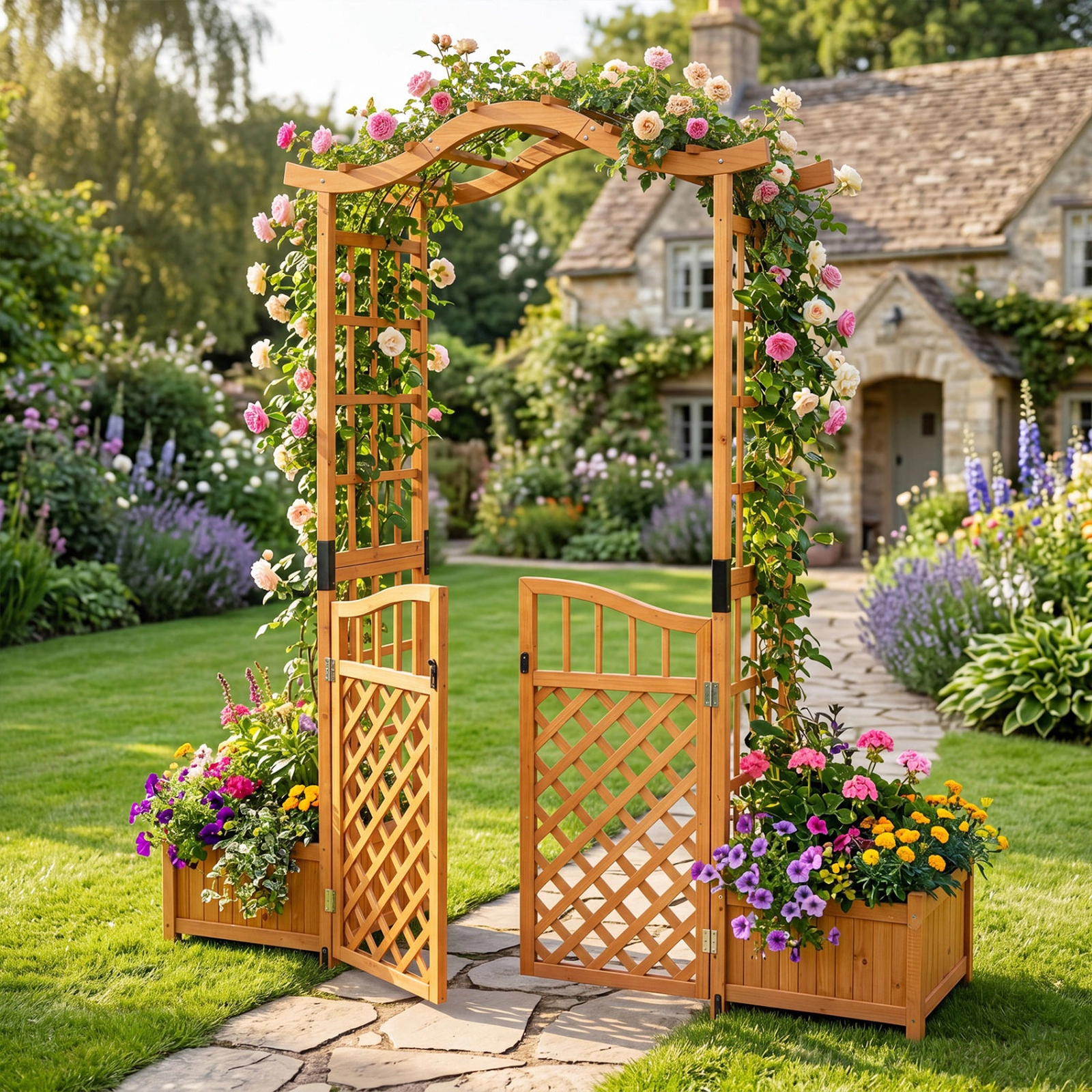 SUGIFT Yellow Wooden Garden Arbor with Gate and 2 Planter Boxes 73-in W 18-in D 83-in H 66-lb Per Planter Box