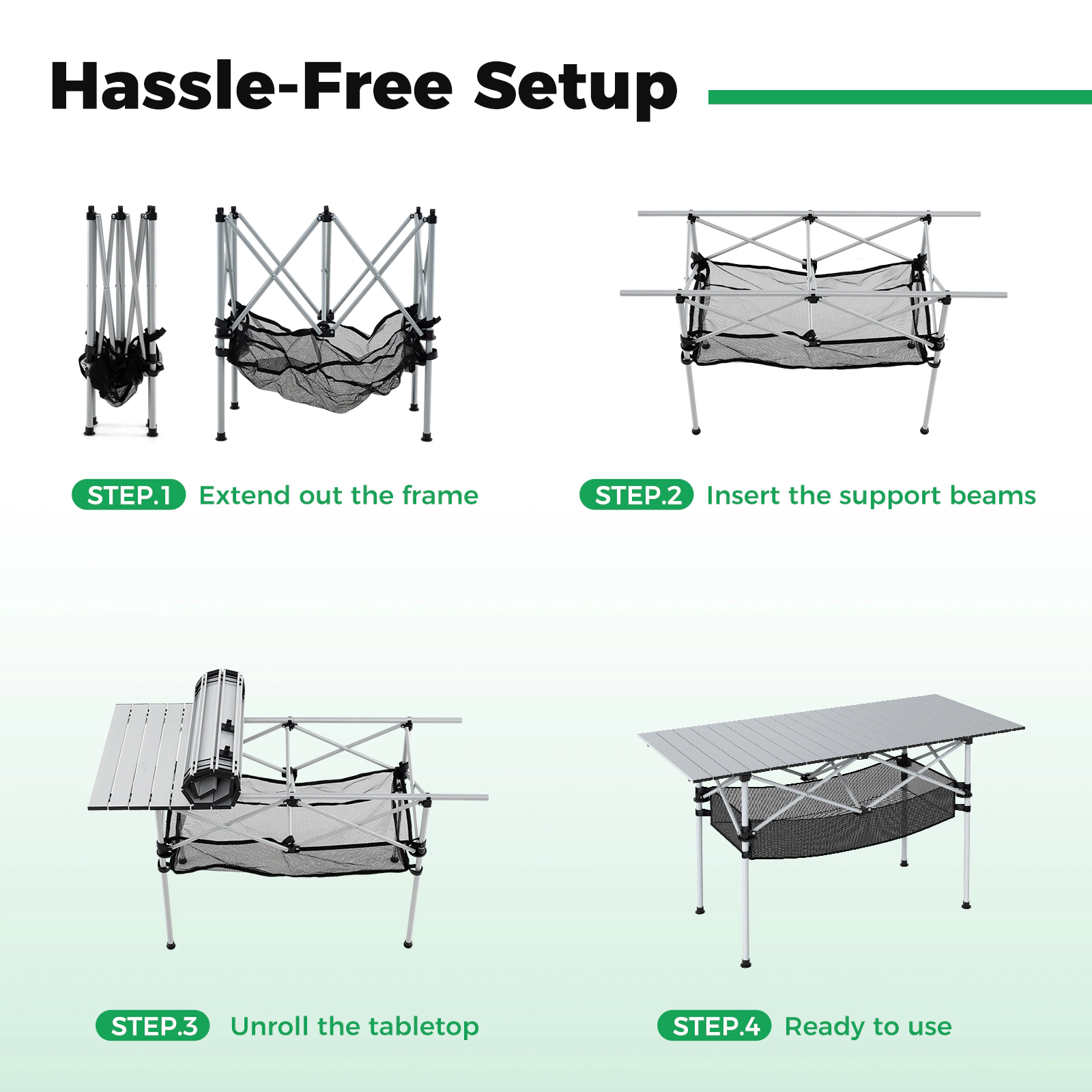 SUGIFT 47 x 22 in Folding Aluminum Camping Table with Roll-up Tabletop and Mesh Basket 220-lb Capacity Black/Silver