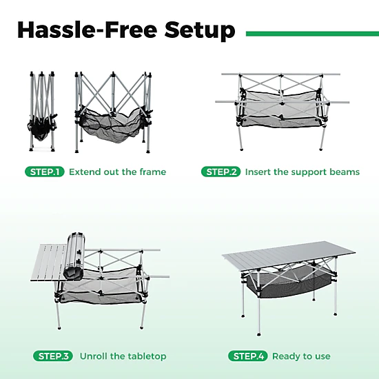 SUGIFT 47 x 22 in Folding Aluminum Camping Table with Roll-up Tabletop and Mesh Basket 220-lb Capacity Black/Silver