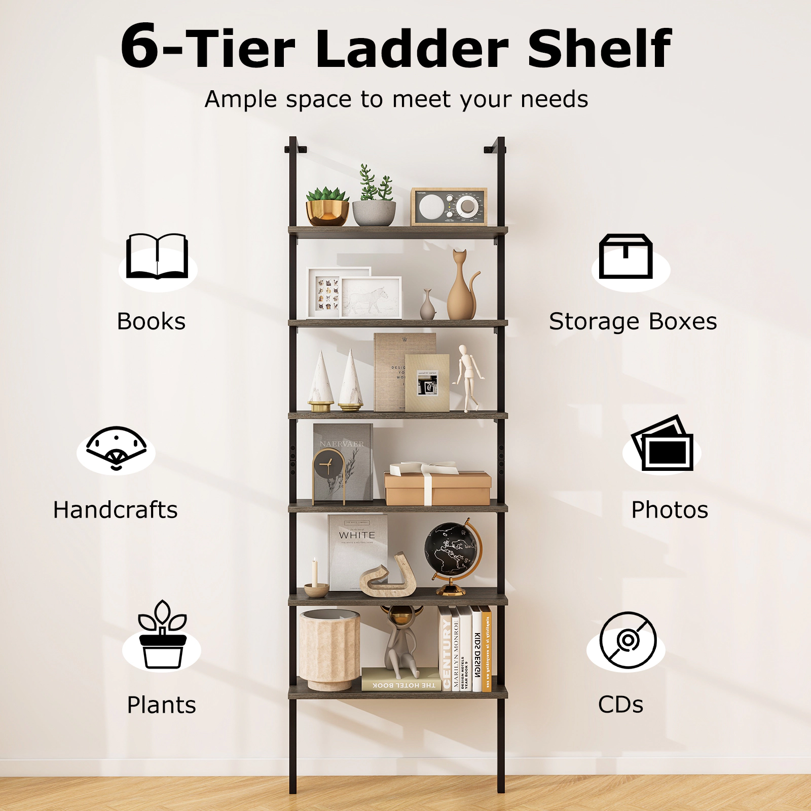 SlickBlue 6 Tier Wall Mounted Ladder Bookshelf with Metal Frame