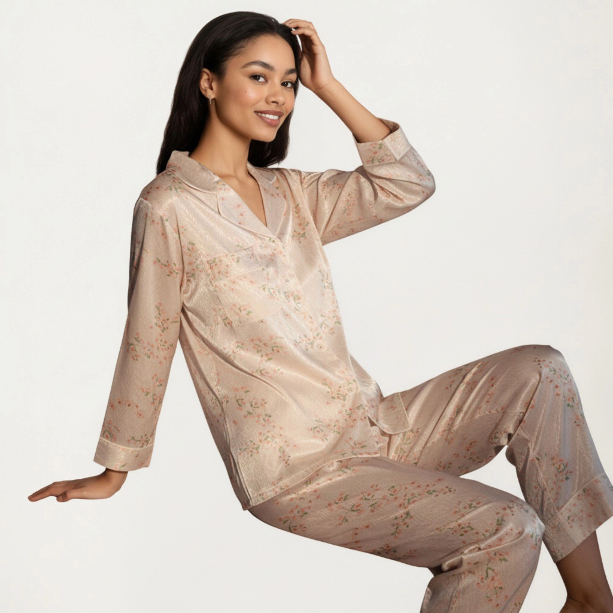 Anna-Kaci Women's 2-Piece Floral Satin Pajama Top and Relaxed Fit Pants with Smooth Finish Soft Collar Detail