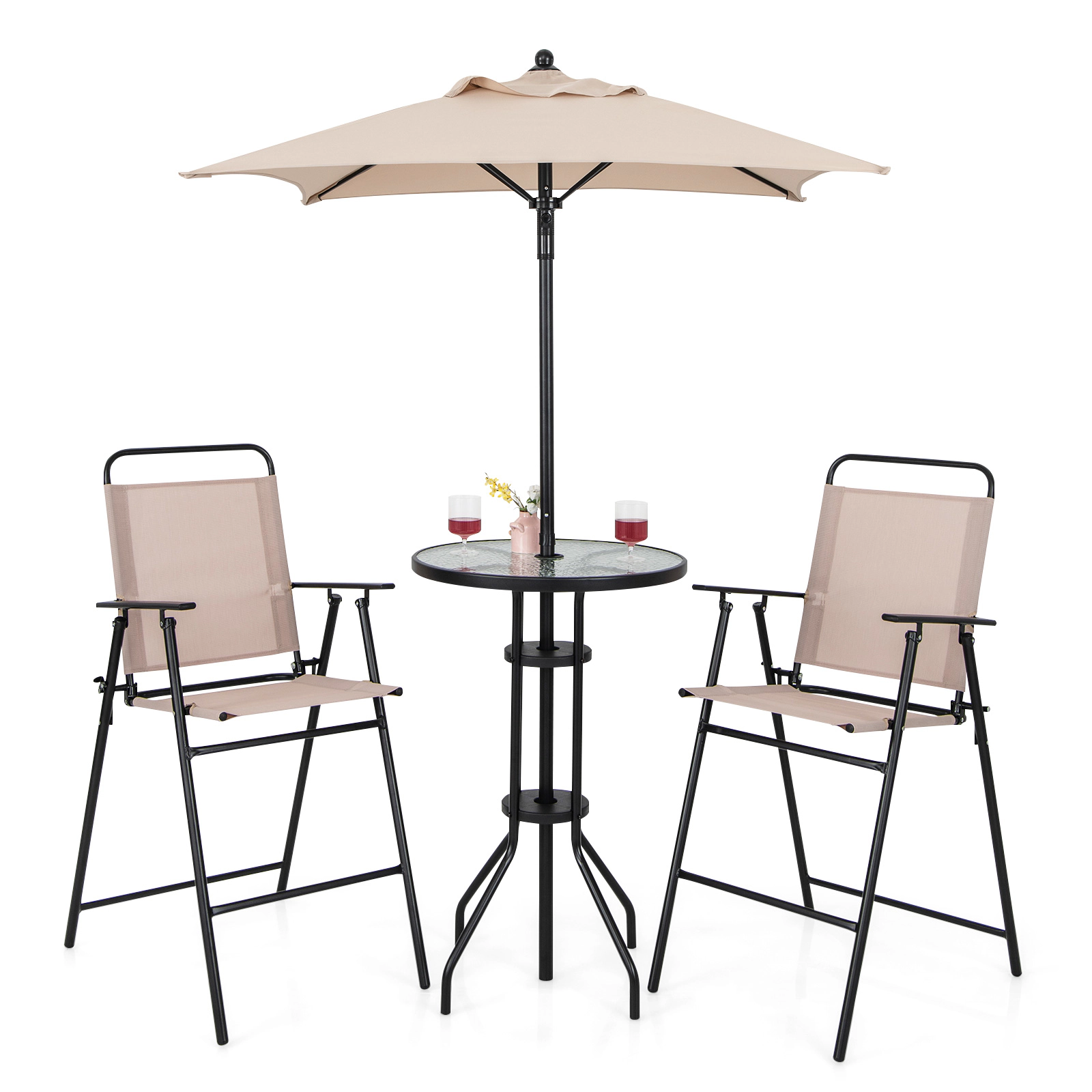 SUGIFT 4-Piece Beige Outdoor Bar Set, 36-Inch Table, 2 Folding Chairs and Umbrella