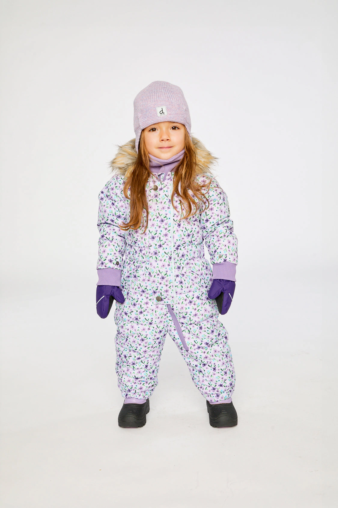 Deux par Girls Original Mini Flower Print One Piece Puffy Snowsuit with Removable Mittens and Boots
