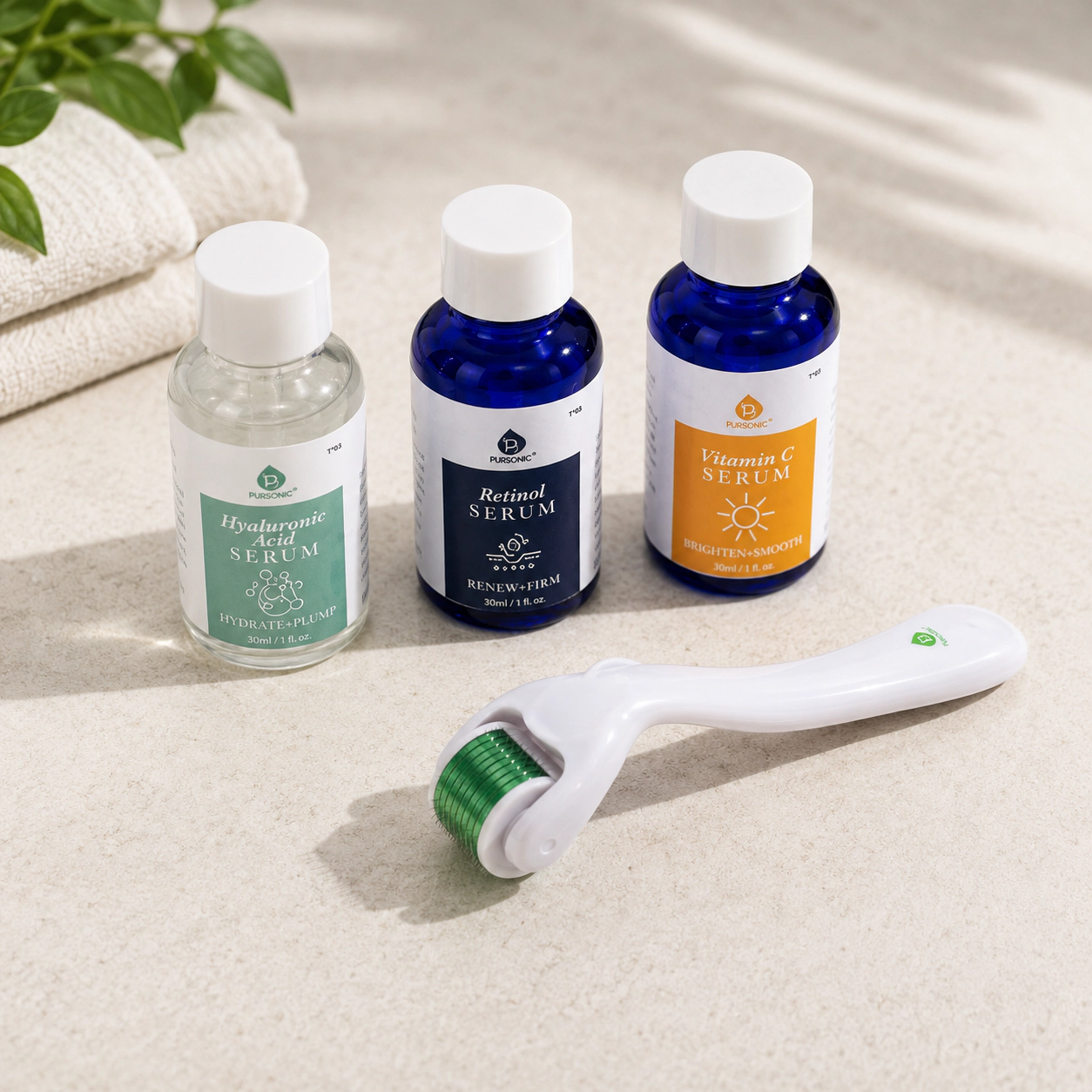 Pursonic Women’s Ultimate Renewal Skincare Kit: Micro Needle Derma Roller + Anti-Aging Serum Trio