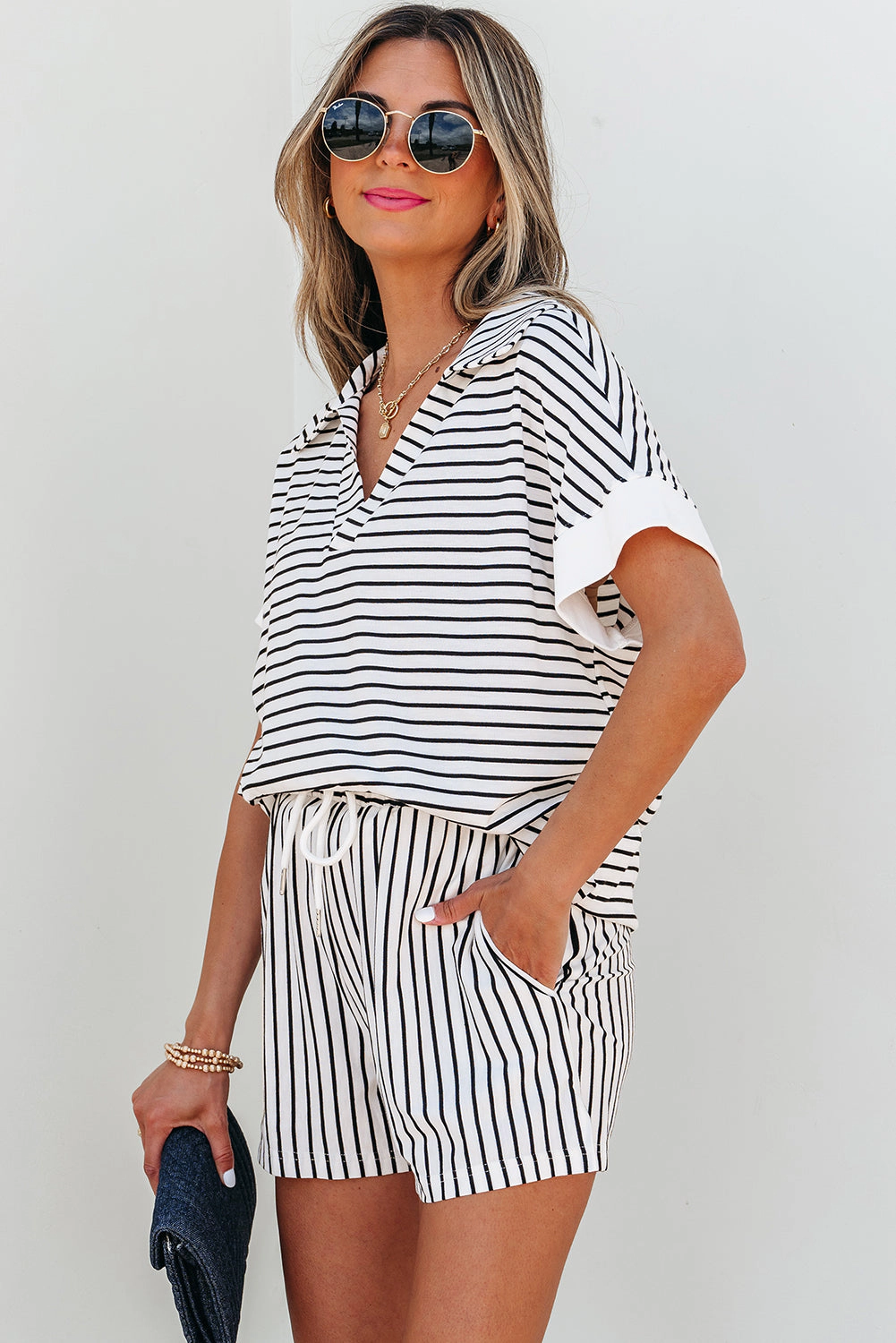 Threaded Pear Women's Chloe Stripe V Neck Tee Short Set