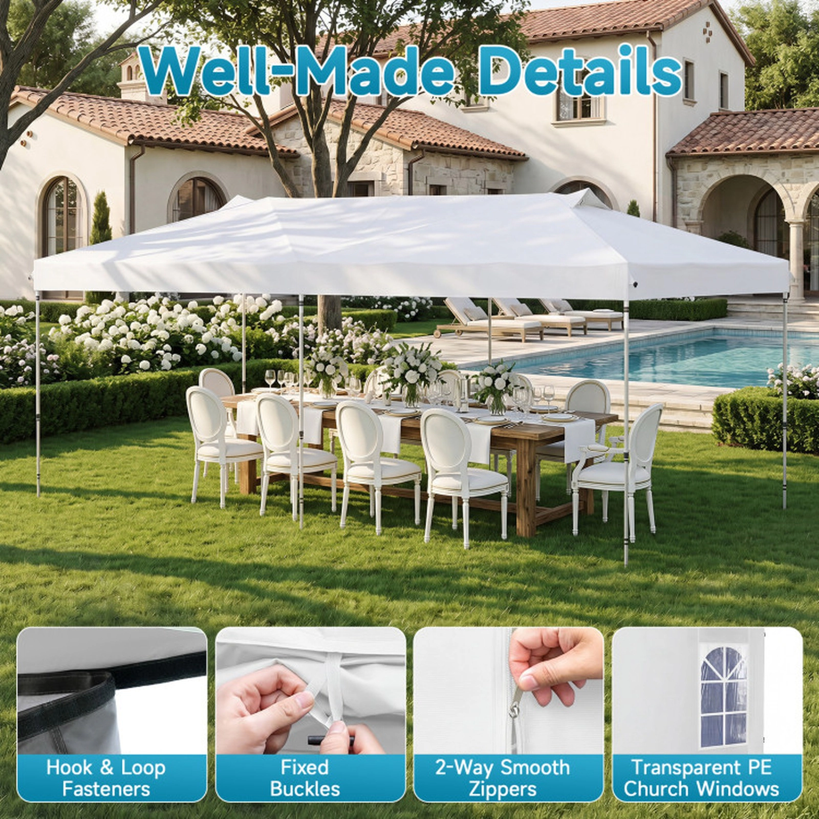 SUGIFT 10 x 20Pop Up Canopy Gazebo Tent with 6 Removable Sidewalls 3-Height Adjustable Metal Frame PE Fabric Roof White