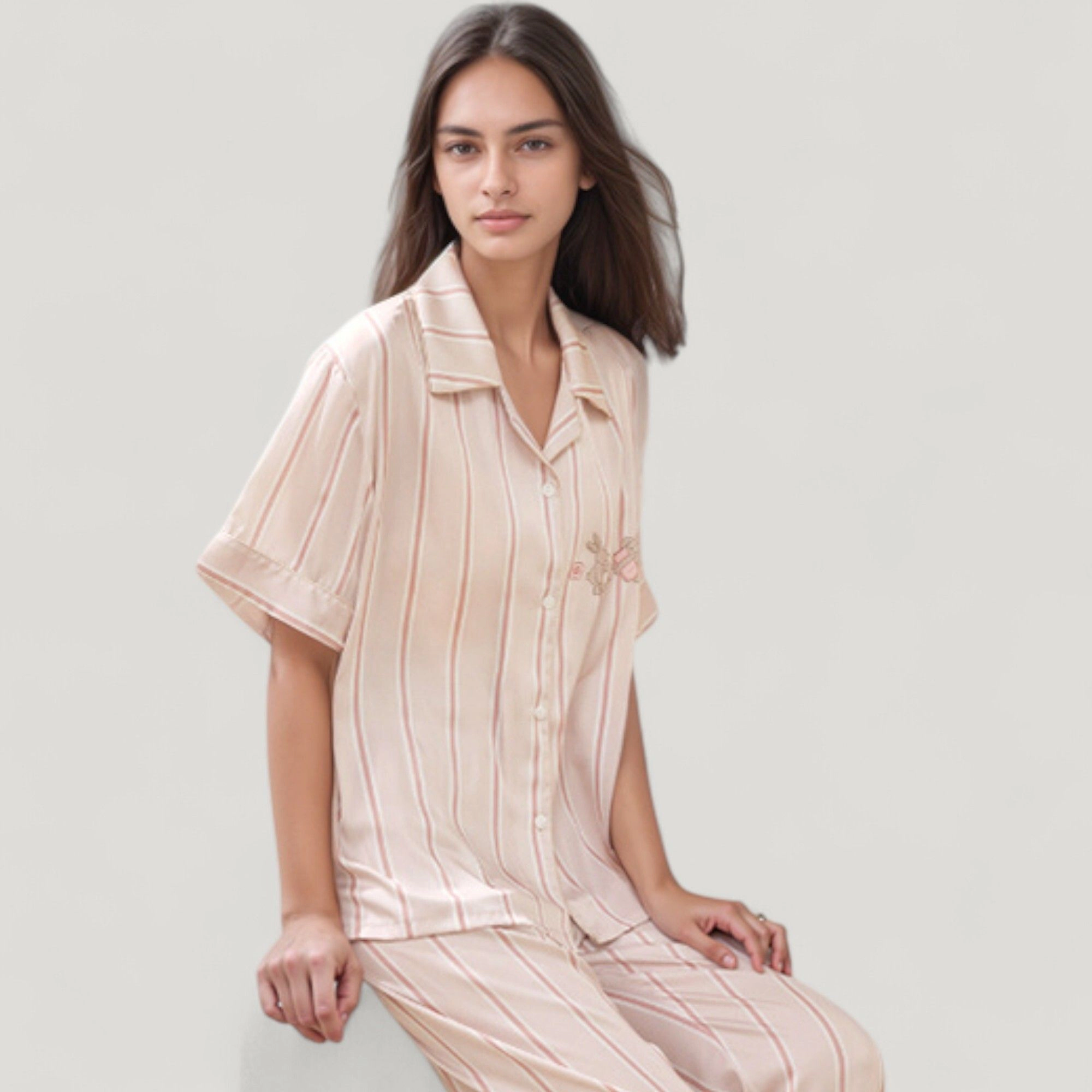 Anna-Kaci Women's Striped Pajama Set with Embroidered Bunny Detail Short Sleeve Button Up Top and Full-Length Pants
