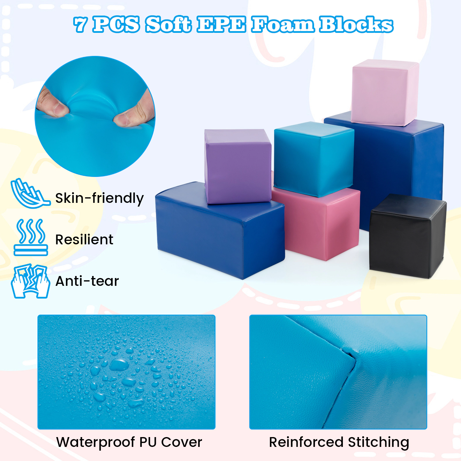 7-Piece Large Foam Building Blocks for Toddlers Soft Stacking Set 8-in Cubes Tear-Resistant Stitching EPE Core