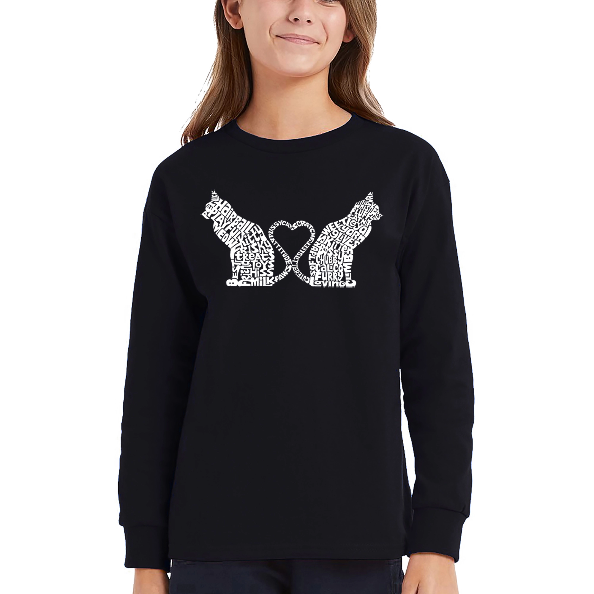 LA Pop Art Girls Long Sleeve Word T-Shirt - Cat Tail Hearts