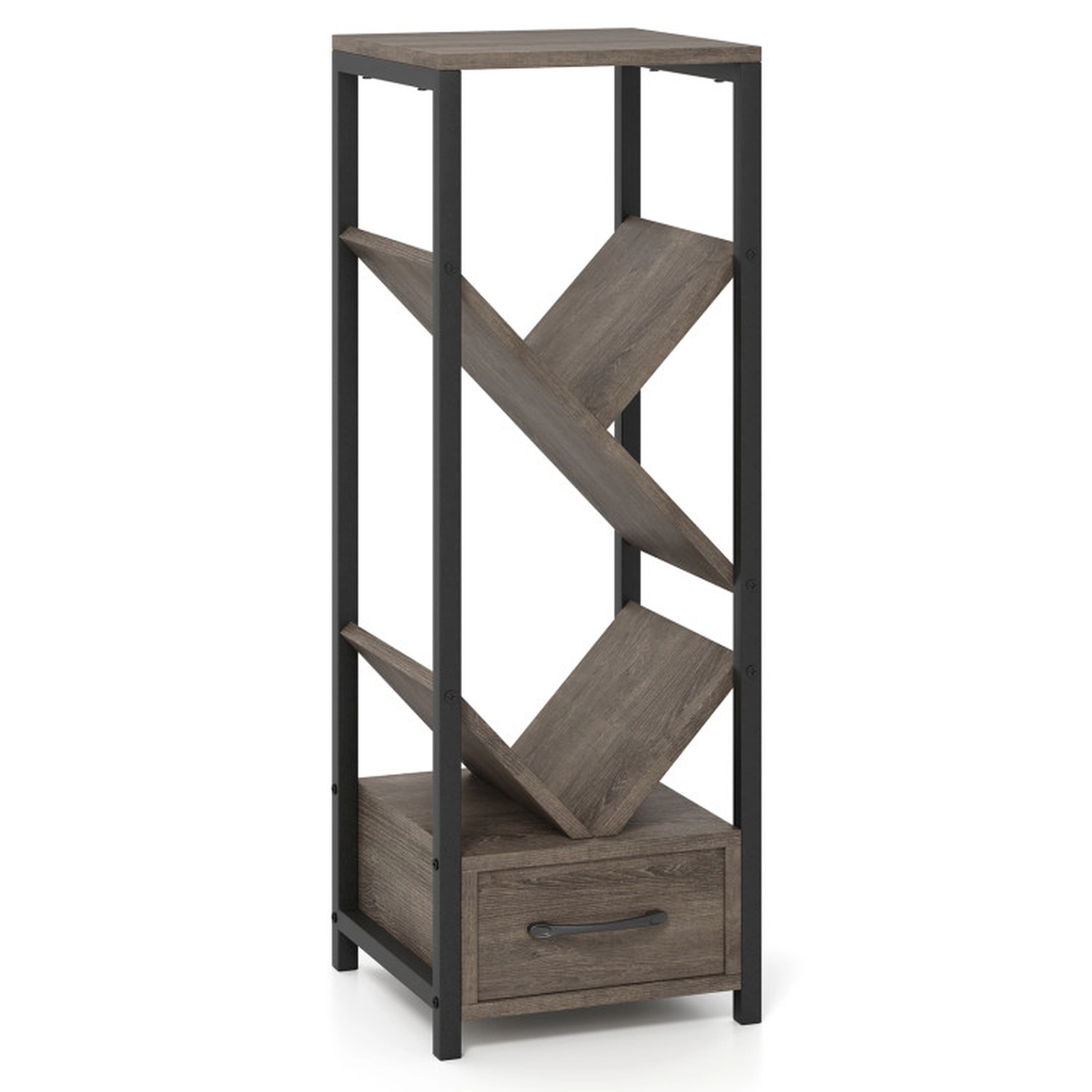 SUGIFT 4 Tier Floor Tree Bookshelf with Drawer and Metal Frame 36-in Tall 33-lb Per Shelf Capacity Gray & Black
