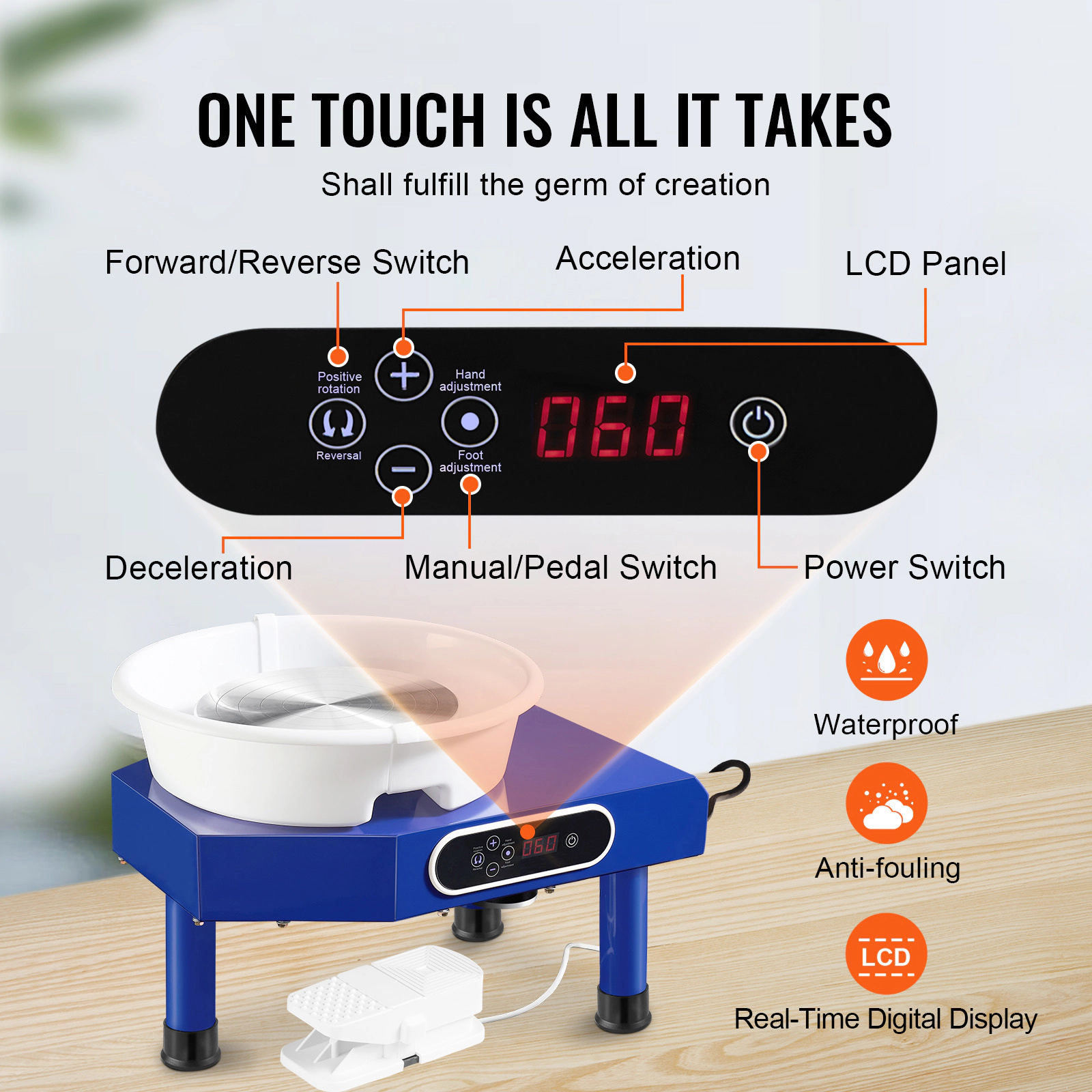 HONGGE Pottery Wheel 10 in Ceramic Forming Machine, Adjustable Speed 60-300 RPM, Foot Pedal, Detachable Basin, LCD Panel