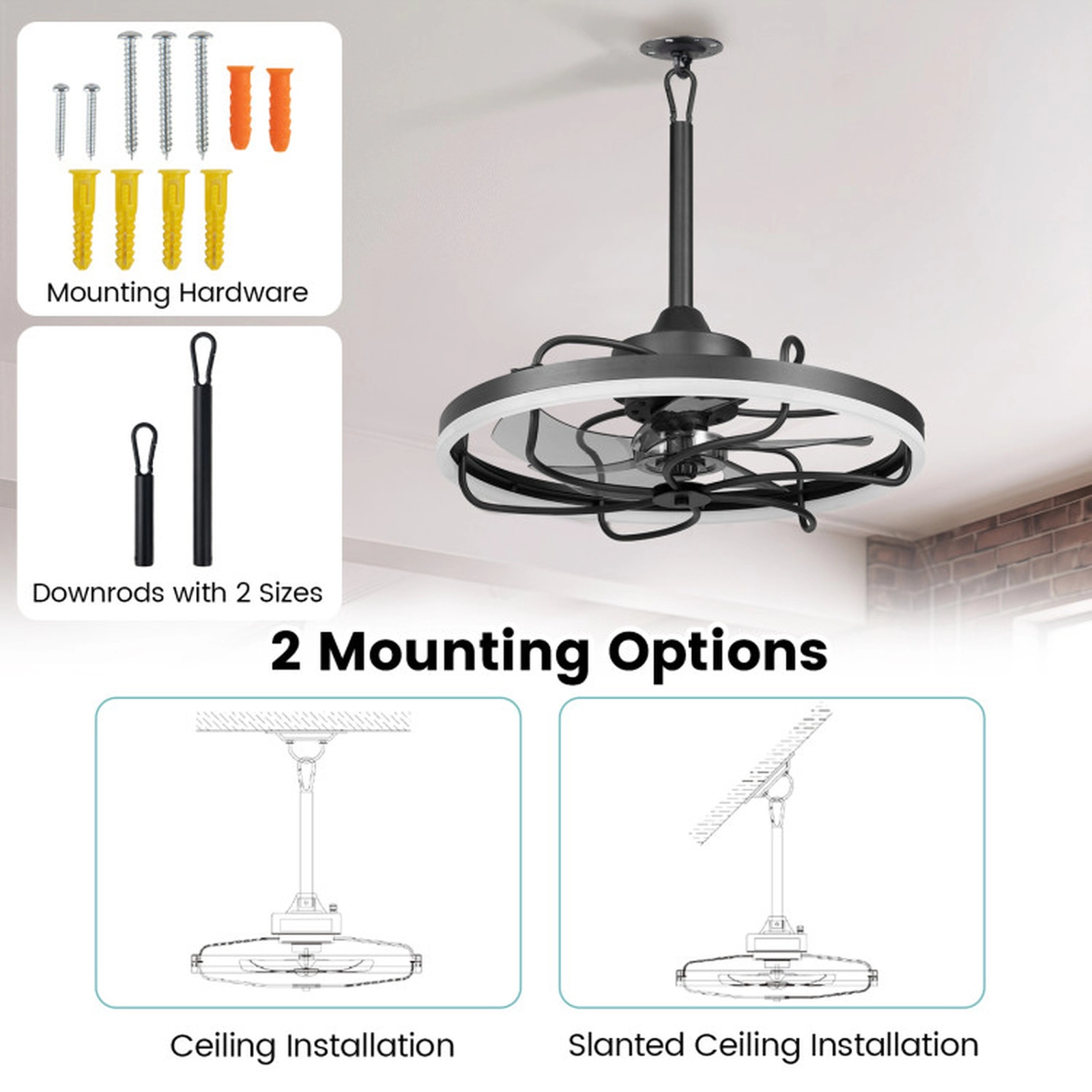 SUGIFT 20-Inch Black Ceiling Fan, 6 Speeds, Dimmable LED, Reversible Blades, Remote and Timer