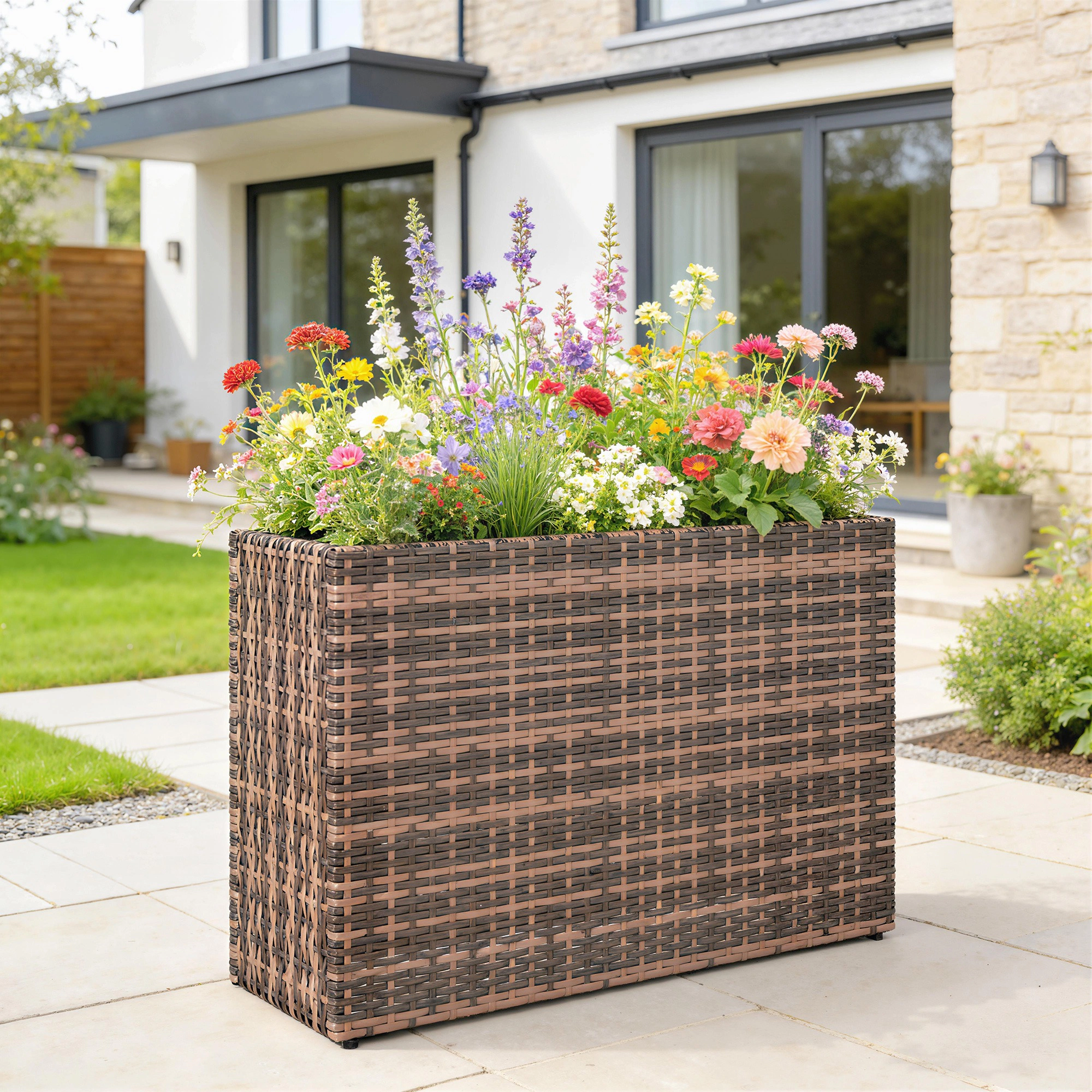 HONGGE Tall Rectangular Planter with Removable Liner Holes PE Wicker Large Box for Indoor Outdoor Plants