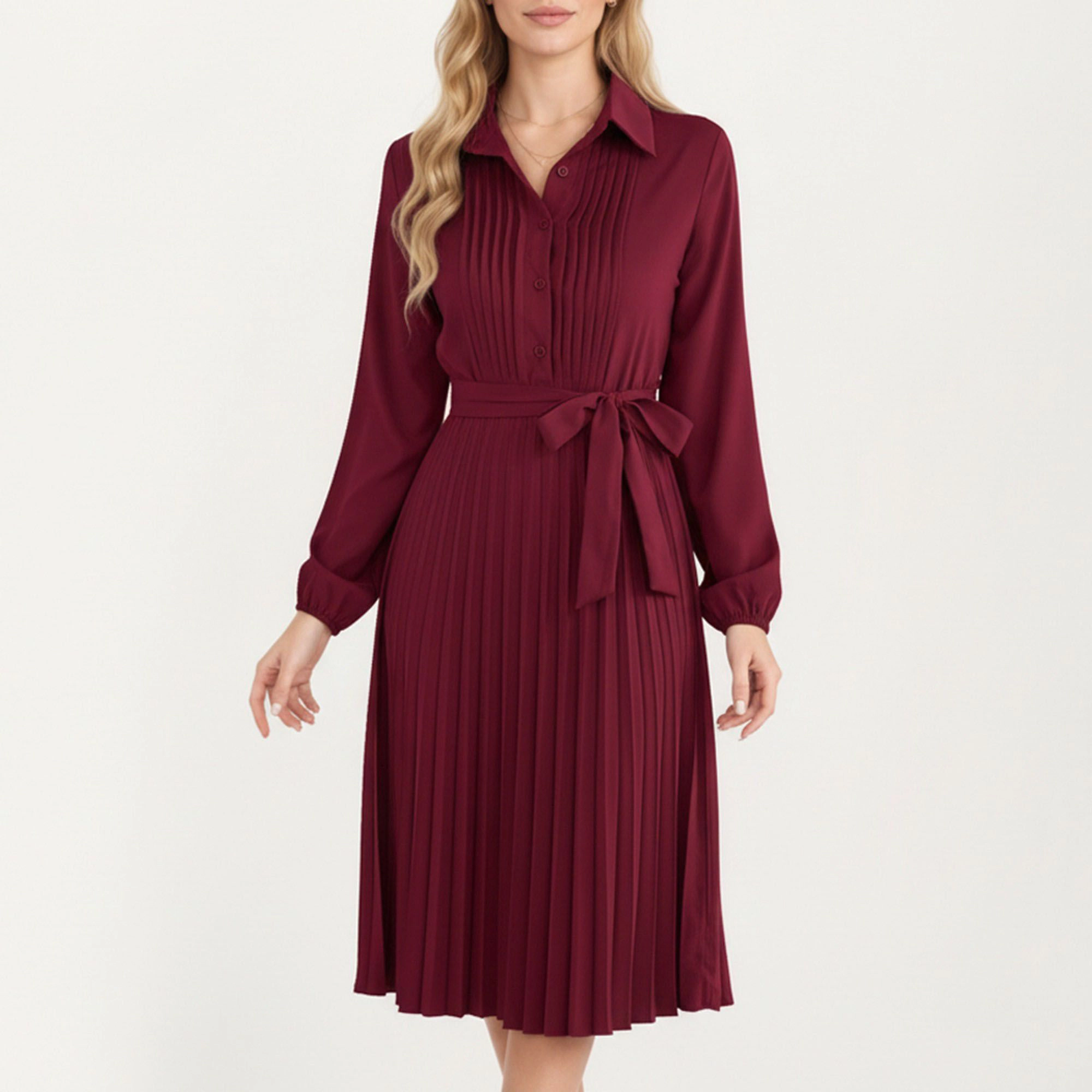 Anna-Kaci Women's Pleated Button Down Front Long Sleeve Waist Tie Midi Dress