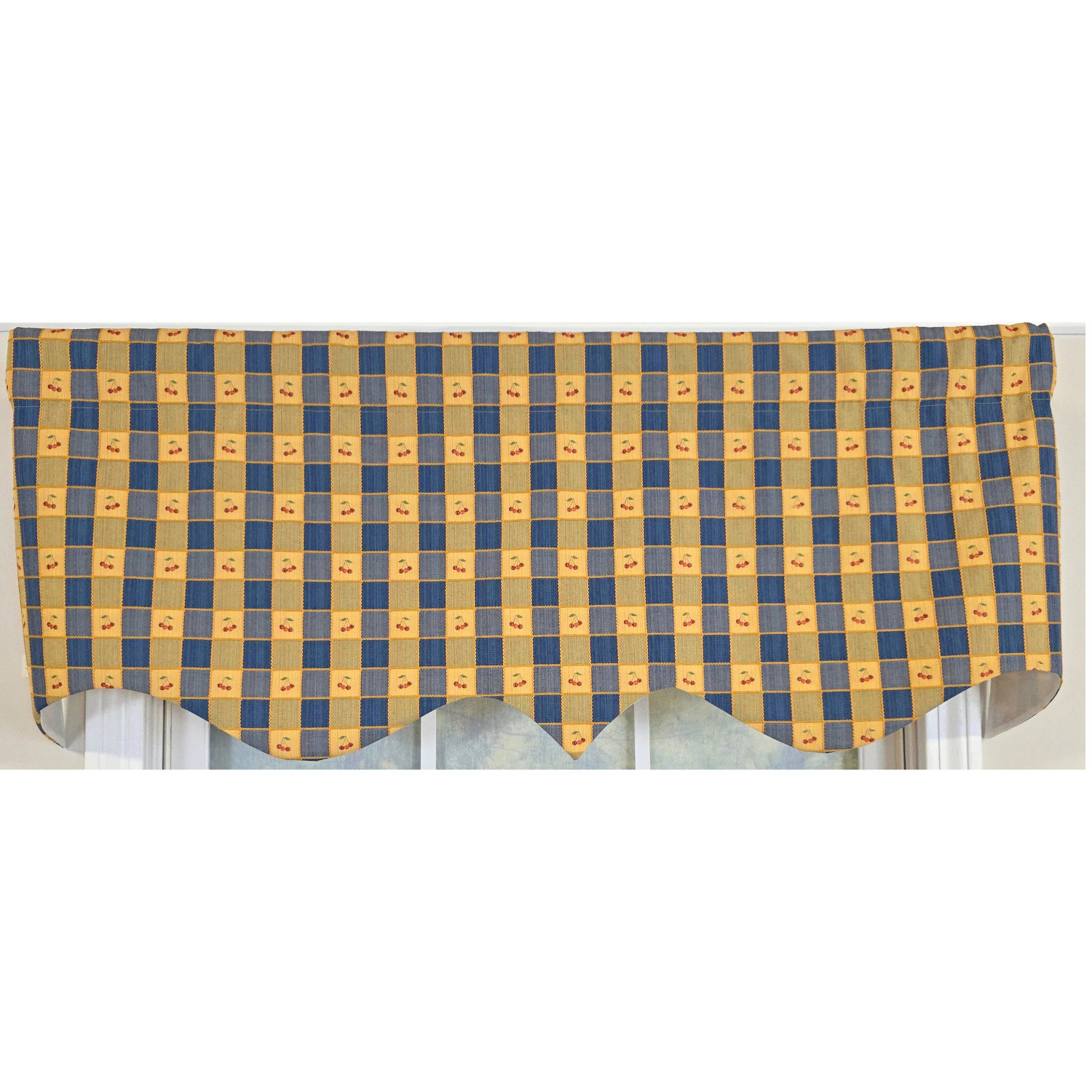 RLF Home 100% Cotton Cherry Squares Regal With Poly/Cotton lining Rod Pocket Valance 50" x 15" Navy