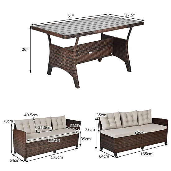Hivvago 3 Pieces Hand-Woven Rattan Outdoor Sofa Set With Dining Table