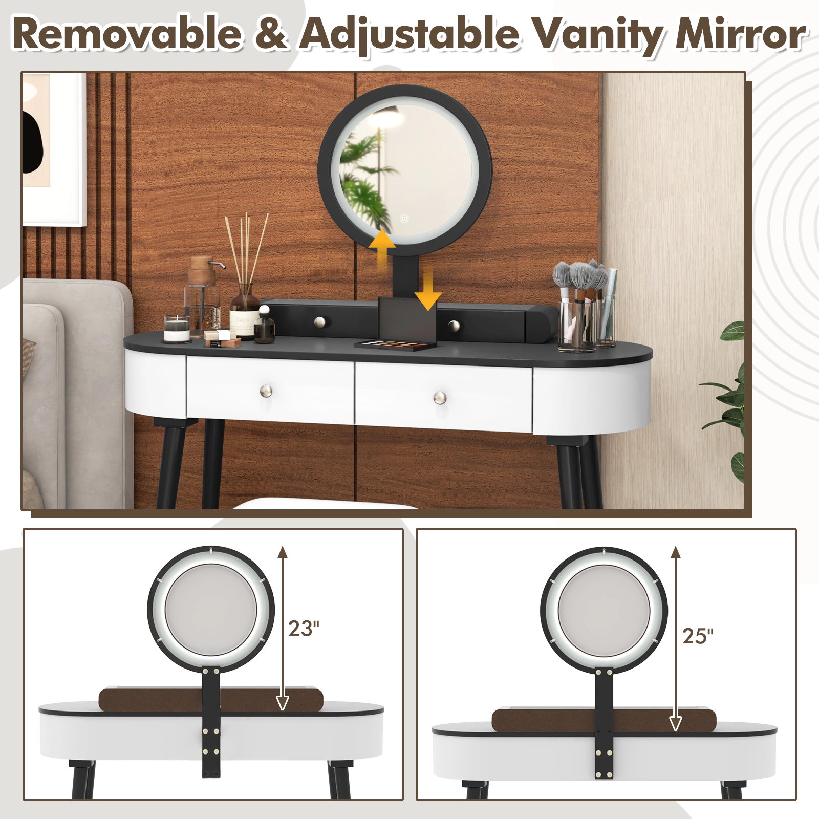 SUGIFT Vanity Table and Stool Set with Lighted Mirror and 3 Drawers in White