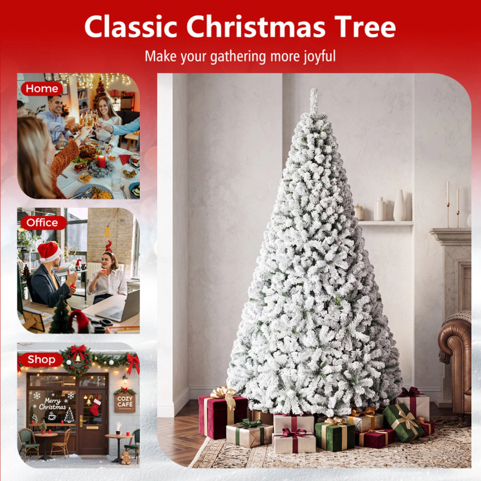 SUGIFT Snow-Flocked Artificial Spruce Christmas Tree 9-ft Tall with 1498 Branch Tips Hinged Design White & Green