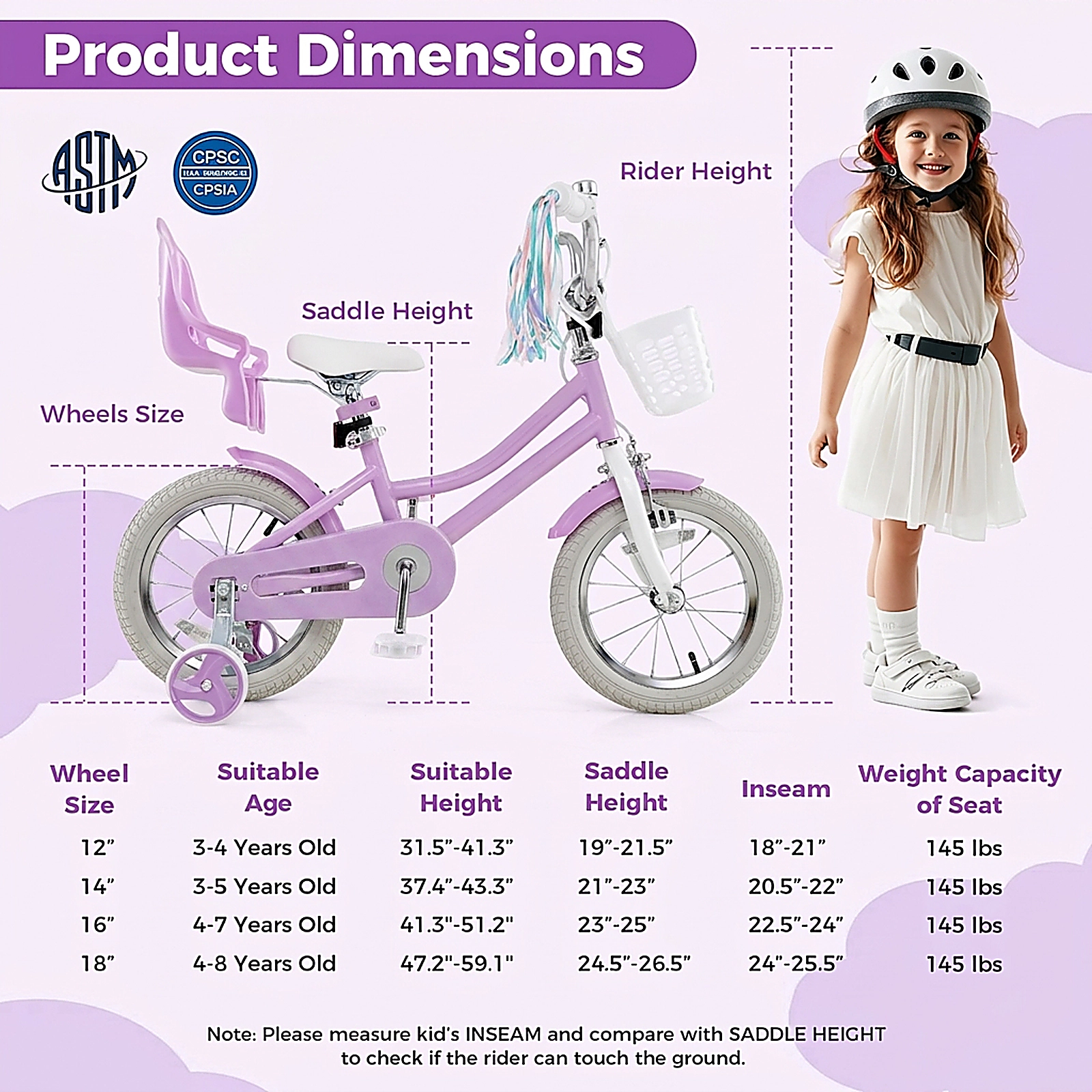 SUGIFT 14-Inch Girls Kids Bicycle with Dual Brake System Doll Seat and Streamers 145-lb Capacity Ages 3-5 Rose Red -30.5