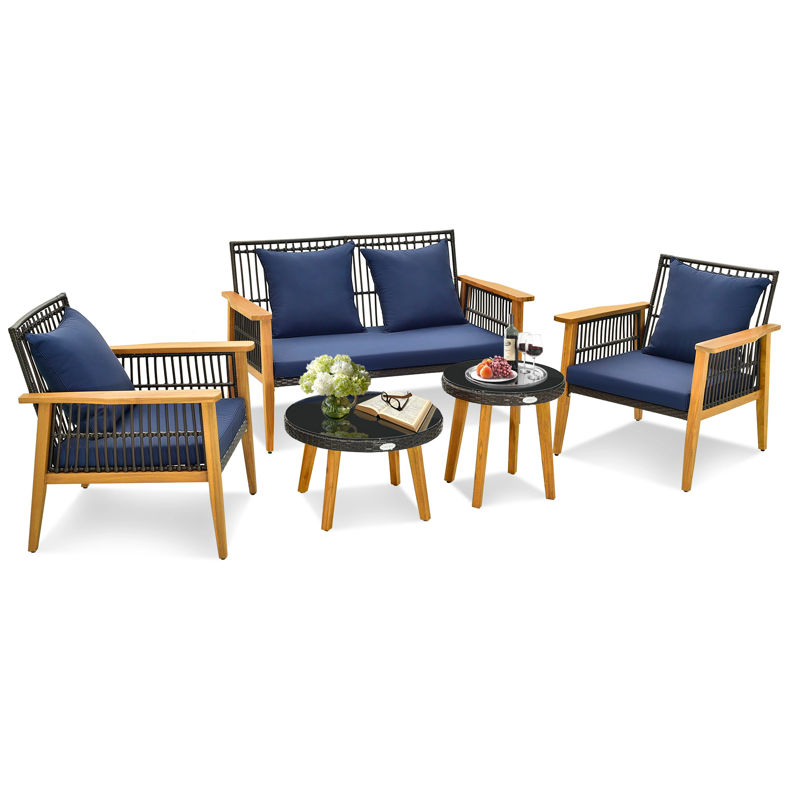 LJG 5 Piece Outdoor Conversation Set with 2 Coffee Tables for Backyard Poolside